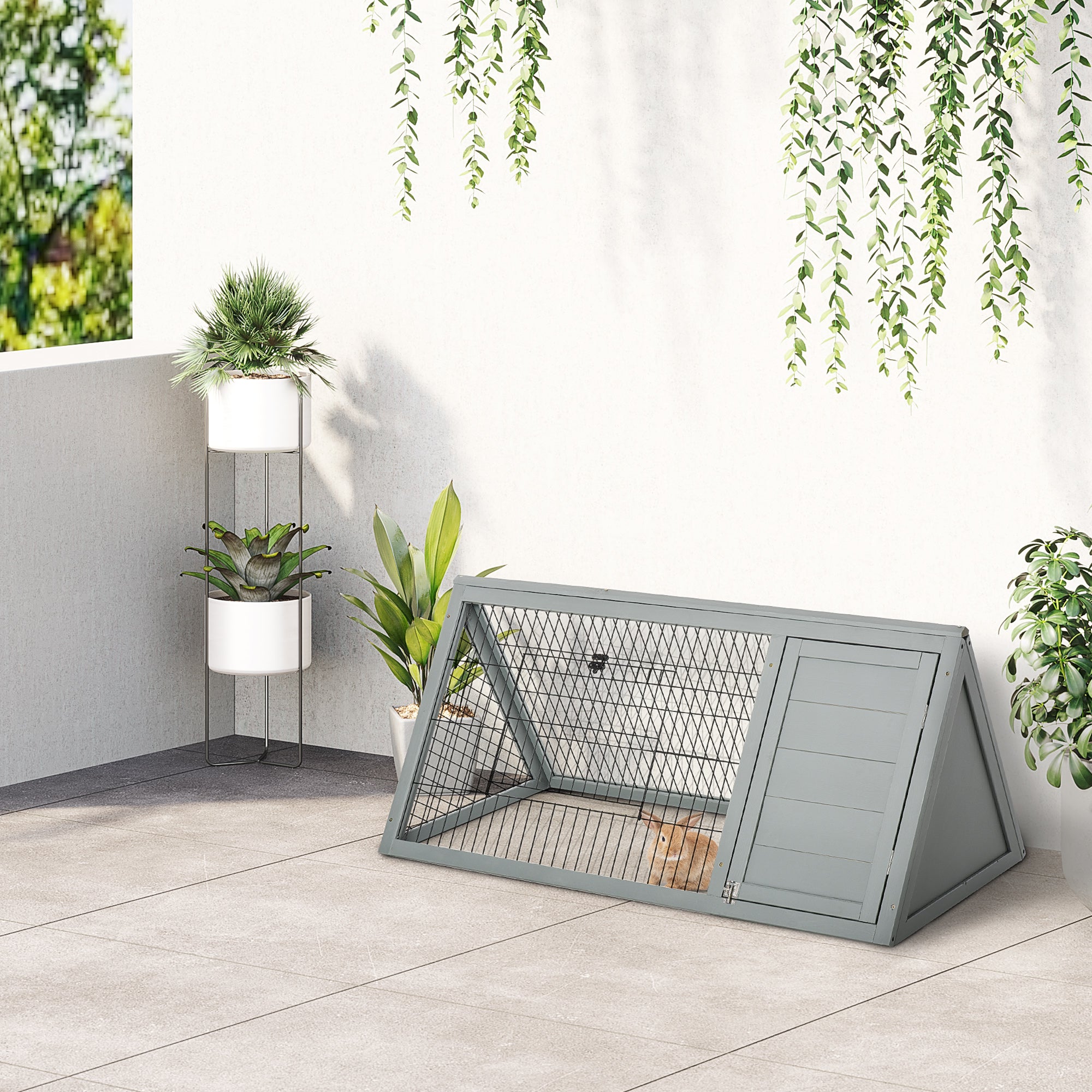 PawHut Wooden Rabbit Hutch Triangle Bunny Ferret Cage Guinea Pig Run Small Animal Hutch Grey 116 x 62.2 x 52.5 cm