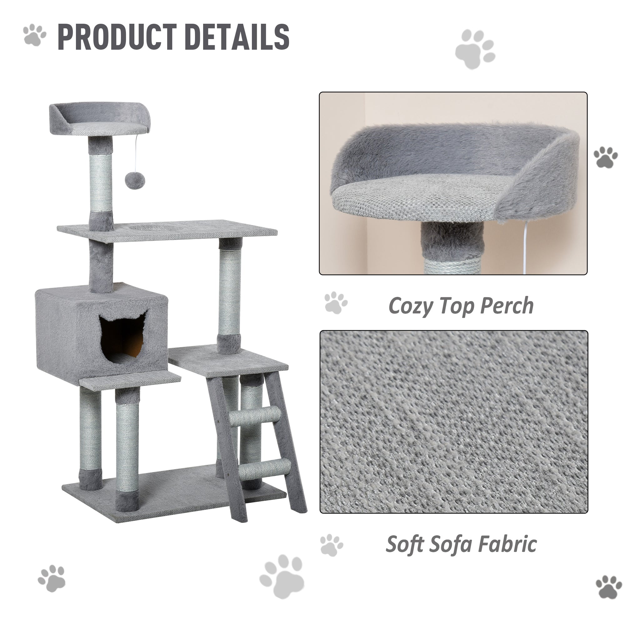 PawHut Cat Tree Tower Activity Center Climbing Frame with Jute Scratching Posts Ladder Dangling Ball Toy Perch Condo Soft Sofa Cover Grey
