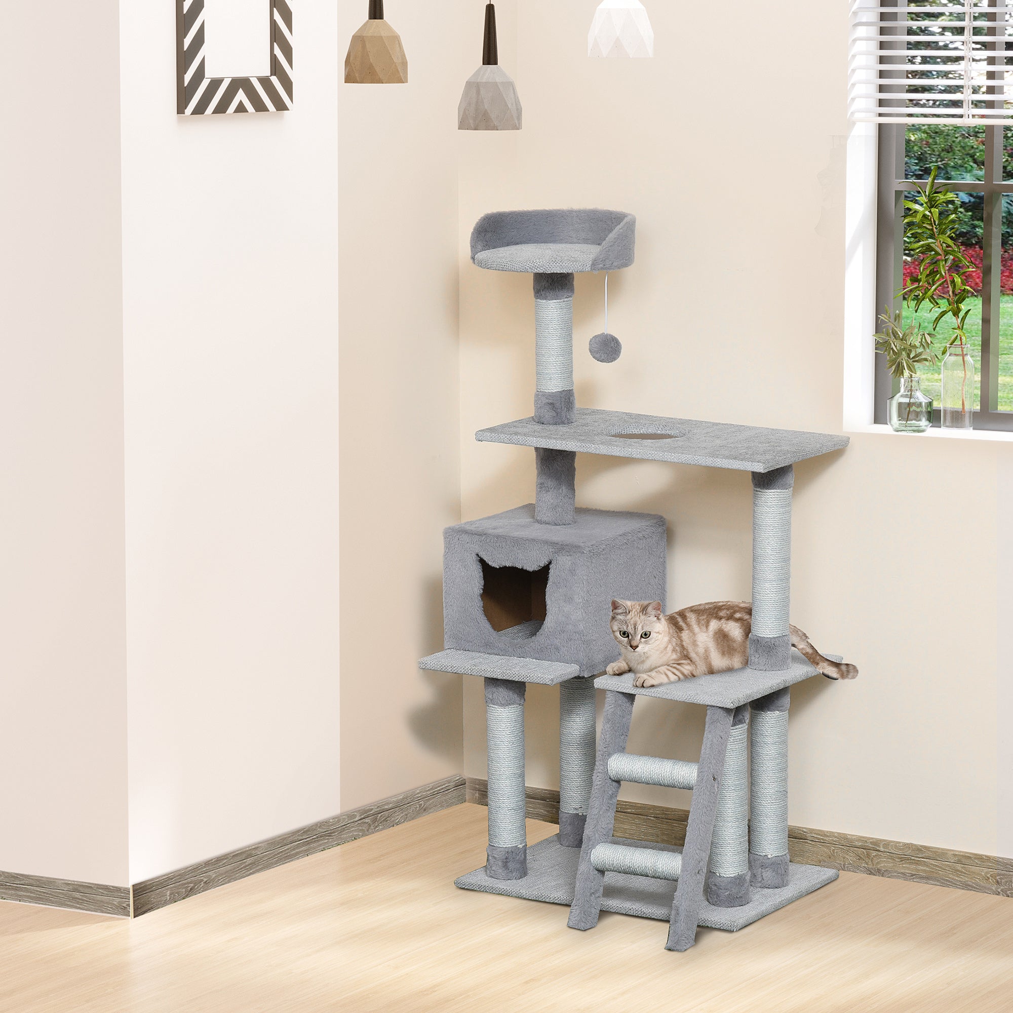 PawHut Multi-Level Cat Tree Tower for Indoor Cats Activity Center Climbing Frame Kitten House Furniture with Jute Scratching Posts Ladder Dangling Ball Toy Condo Perch Grey