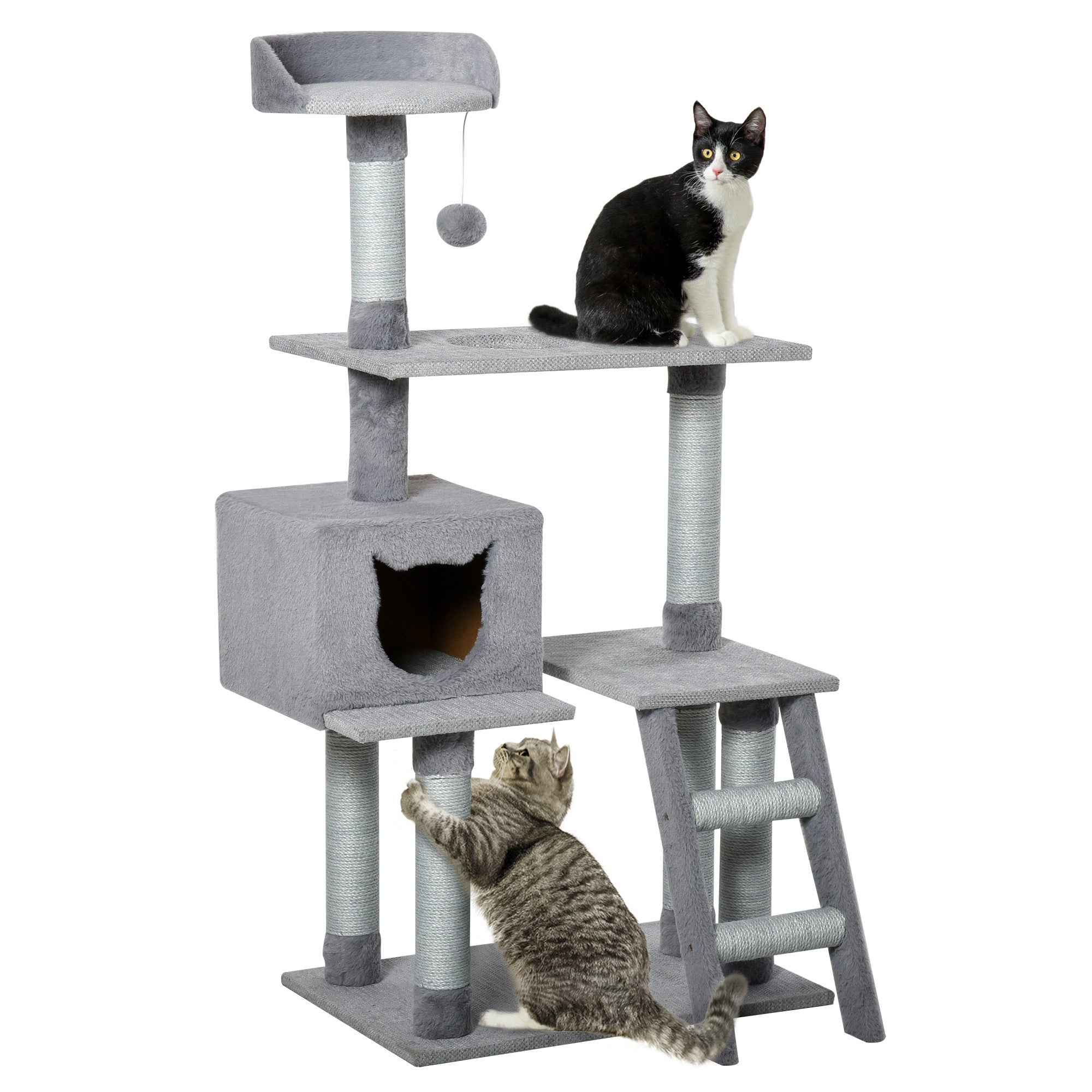 PawHut Multi-Level Cat Tree Tower for Indoor Cats Activity Center Climbing Frame Kitten House Furniture with Jute Scratching Posts Ladder Dangling Ball Toy Condo Perch Grey
