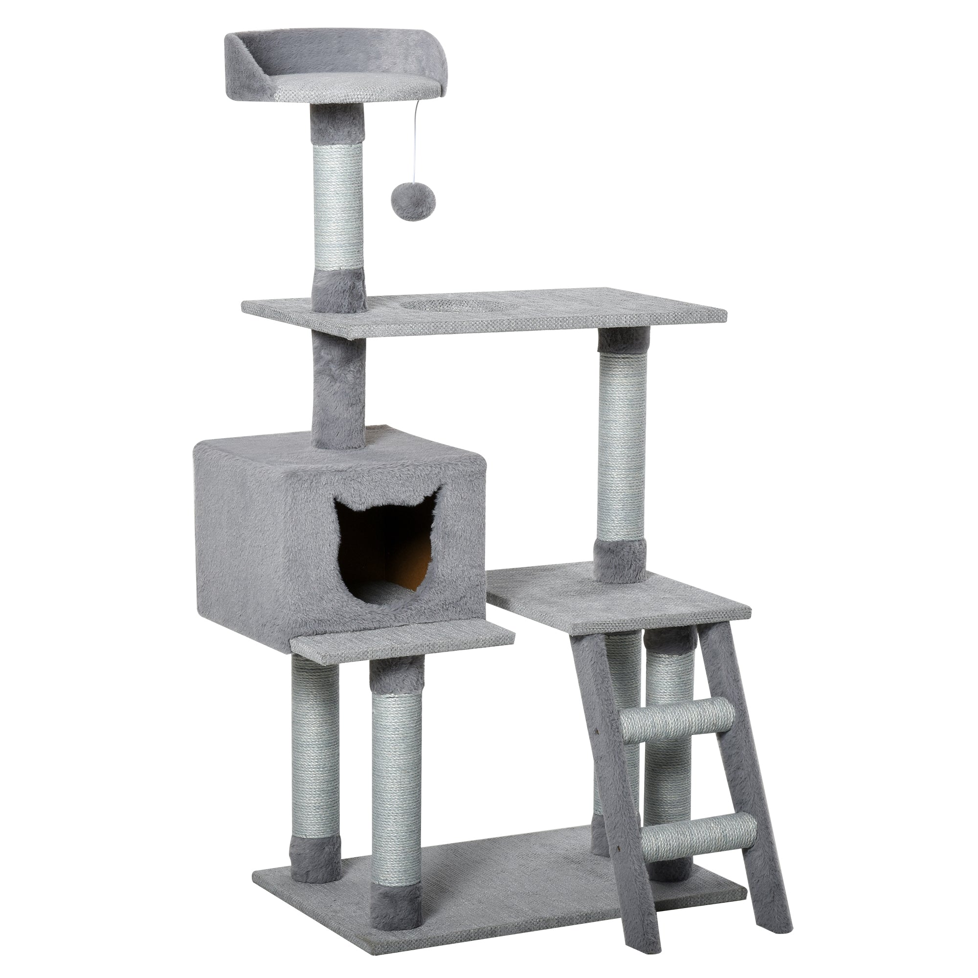 PawHut Cat Tree Tower Activity Center Climbing Frame with Jute Scratching Posts Ladder Dangling Ball Toy Perch Condo Soft Sofa Cover Grey