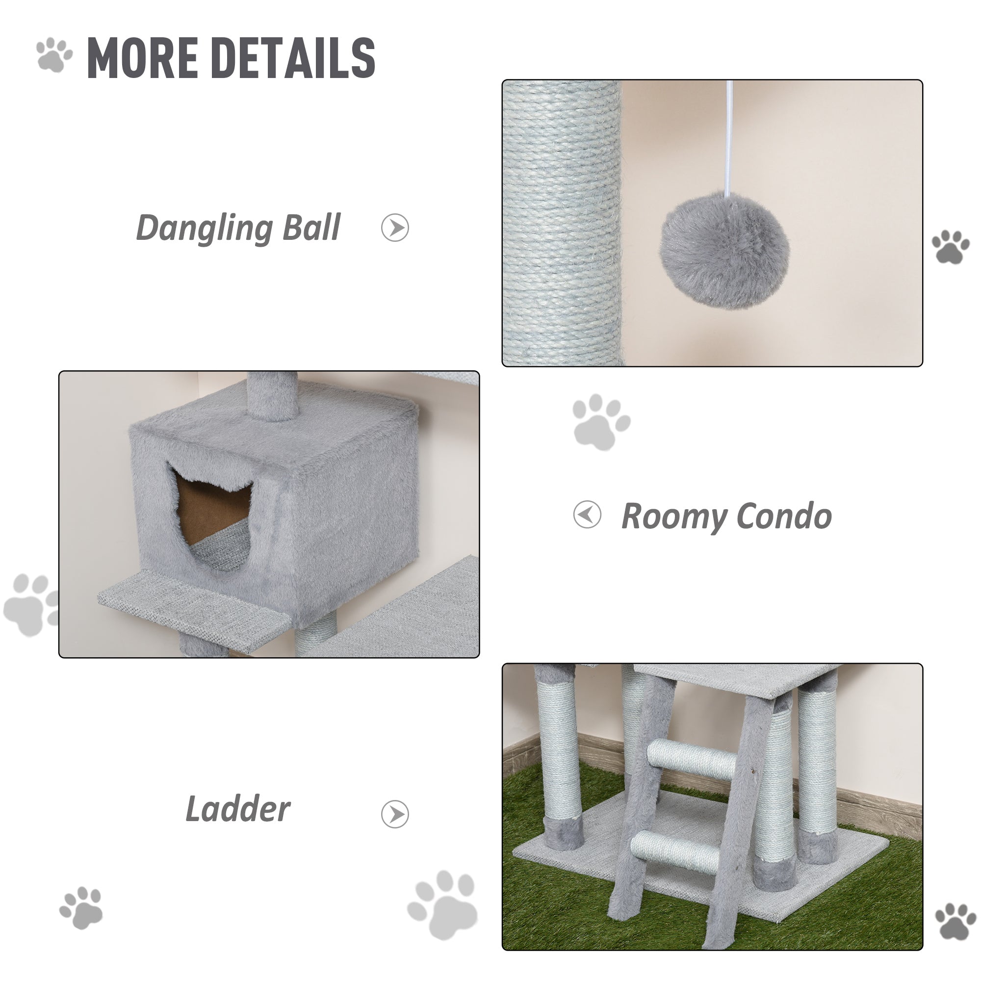 PawHut Cat Tree Tower Activity Center Climbing Frame with Jute Scratching Posts Ladder Dangling Ball Toy Perch Condo Soft Sofa Cover Grey