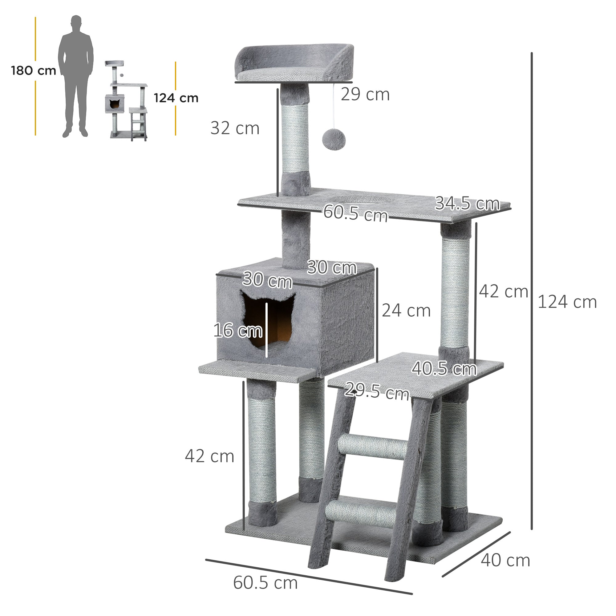 PawHut Multi-Level Cat Tree Tower for Indoor Cats Activity Center Climbing Frame Kitten House Furniture with Jute Scratching Posts Ladder Dangling Ball Toy Condo Perch Grey