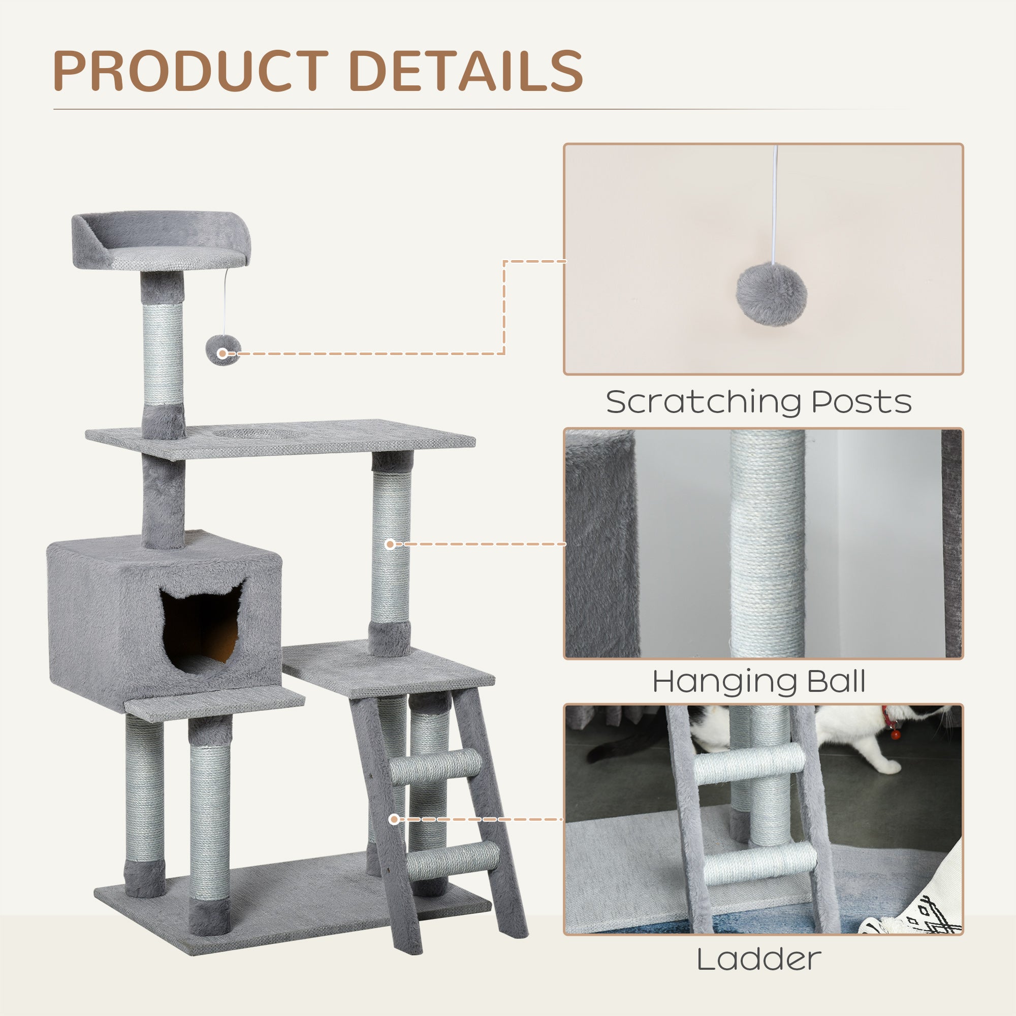 PawHut Multi-Level Cat Tree Tower for Indoor Cats Activity Center Climbing Frame Kitten House Furniture with Jute Scratching Posts Ladder Dangling Ball Toy Condo Perch Grey