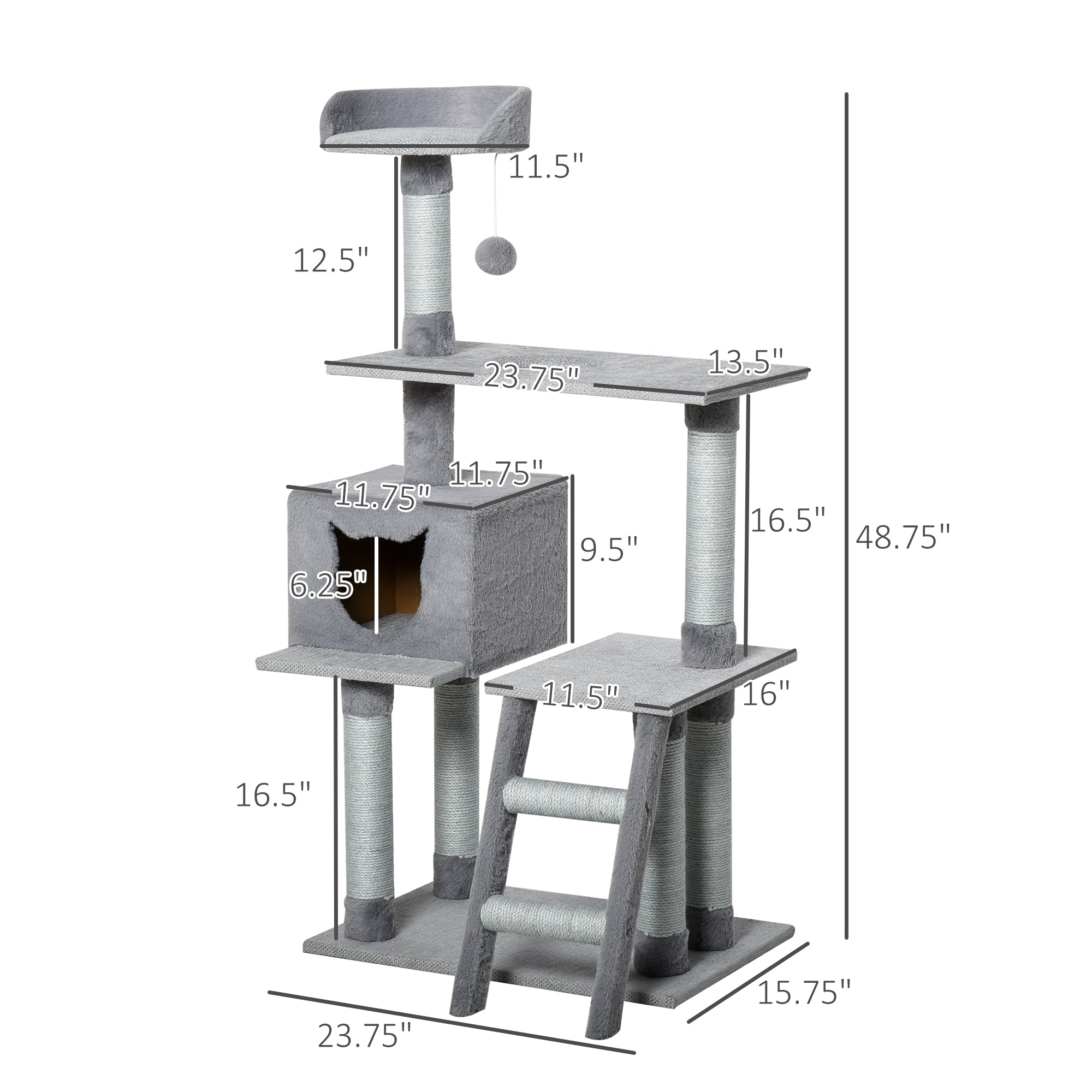 PawHut Cat Tree Tower Activity Center Climbing Frame with Jute Scratching Posts Ladder Dangling Ball Toy Perch Condo Soft Sofa Cover Grey