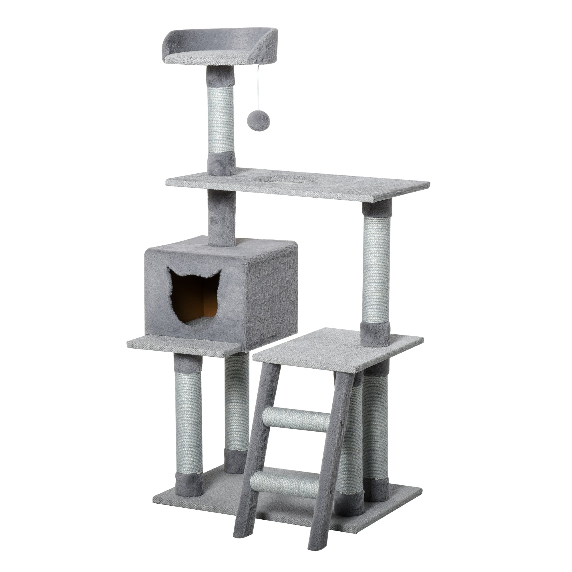 PawHut Multi-Level Cat Tree Tower for Indoor Cats Activity Center Climbing Frame Kitten House Furniture with Jute Scratching Posts Ladder Dangling Ball Toy Condo Perch Grey
