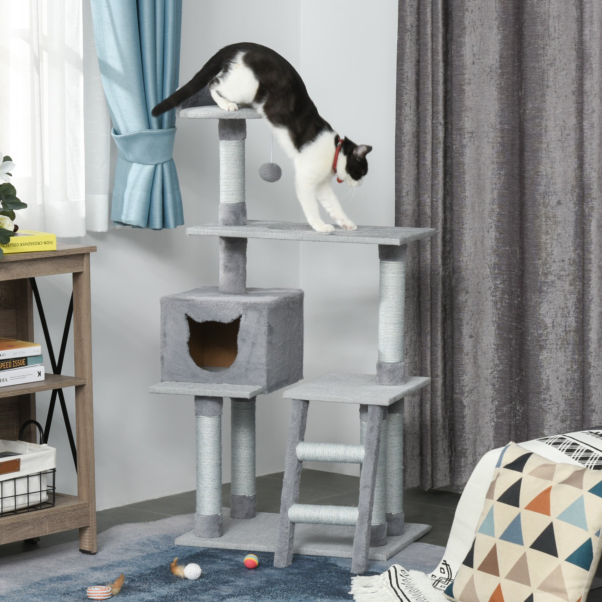 PawHut Multi-Level Cat Tree Tower for Indoor Cats Activity Center Climbing Frame Kitten House Furniture with Jute Scratching Posts Ladder Dangling Ball Toy Condo Perch Grey