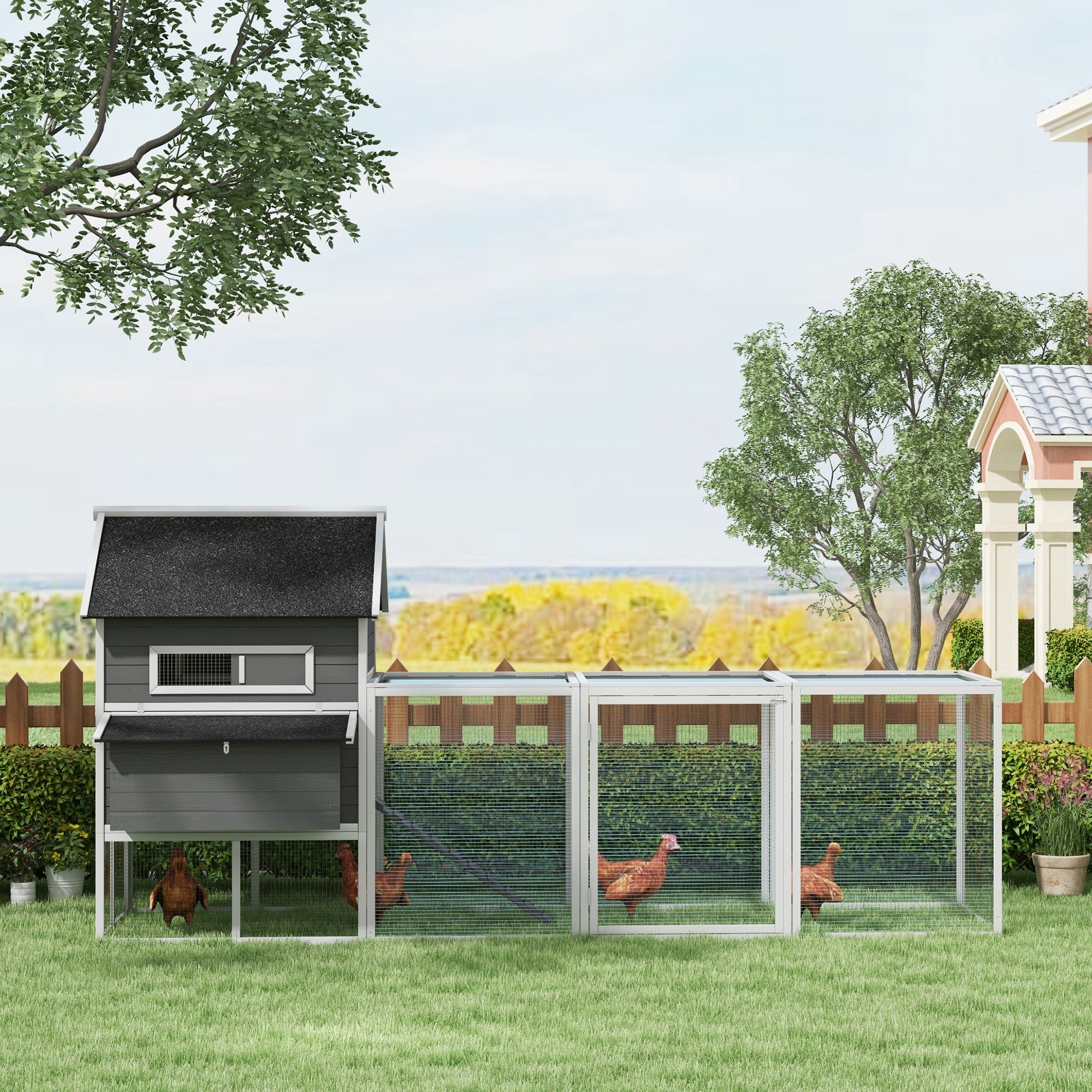 PawHut 137" Chicken Coop, Wooden Large Hen House with Chicken Run, Nesting Box, Poultry Cage for Outdoor, Backyard, Grey