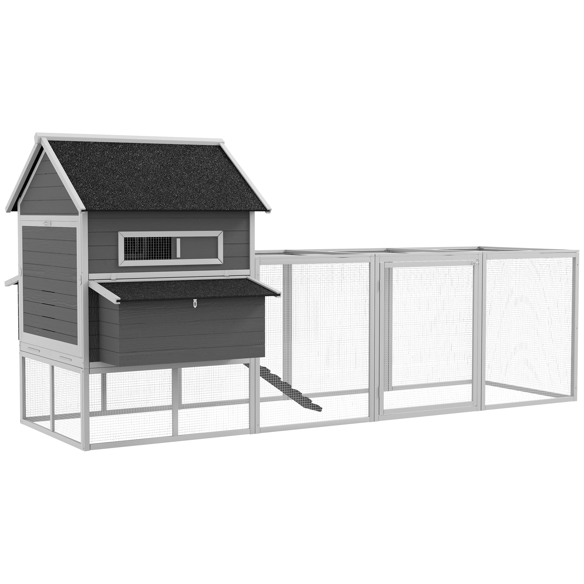 PawHut 137" Chicken Coop, Wooden Large Hen House with Chicken Run, Nesting Box, Poultry Cage for Outdoor, Backyard, Grey
