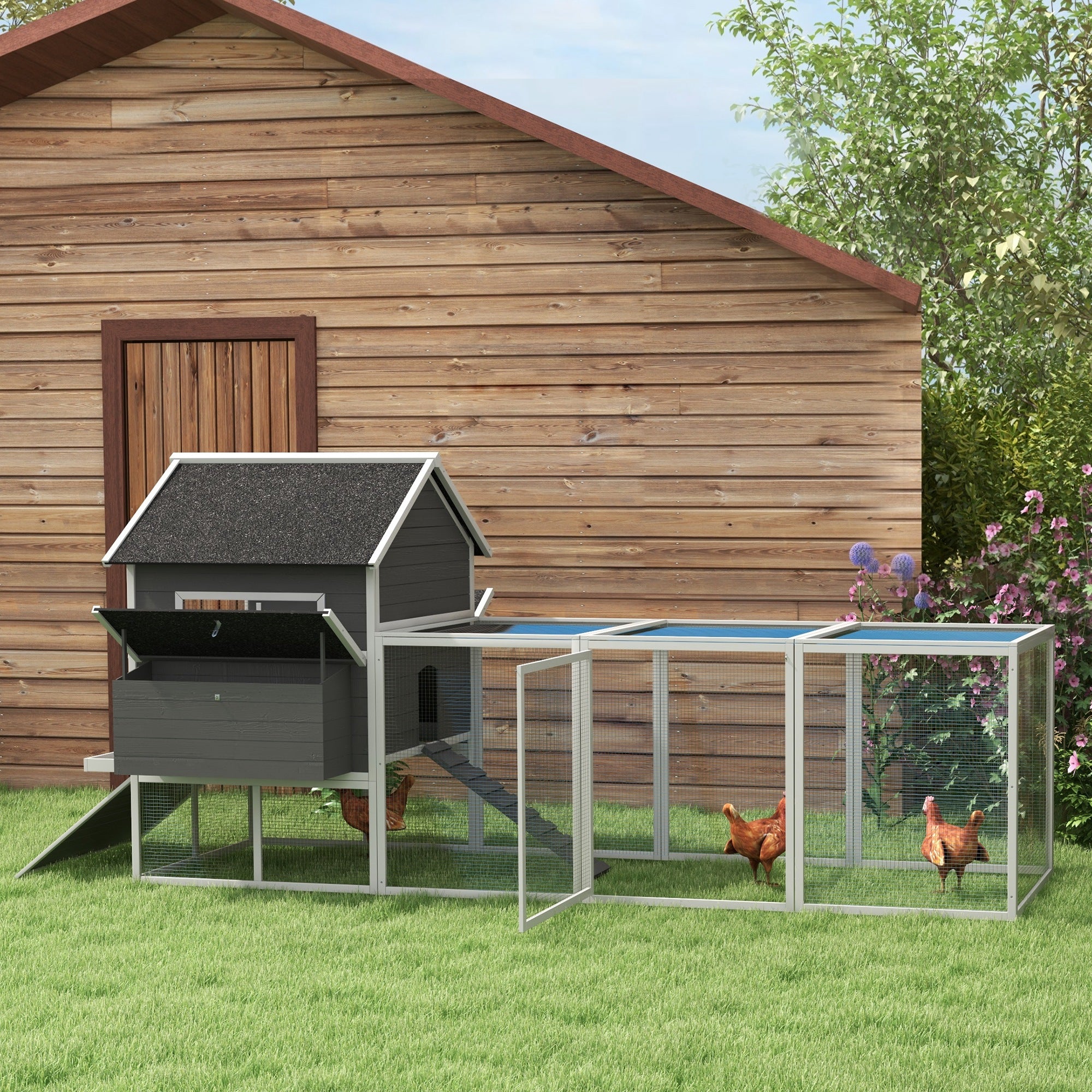 PawHut 137" Chicken Coop, Wooden Large Hen House with Chicken Run, Nesting Box, Poultry Cage for Outdoor, Backyard, Grey