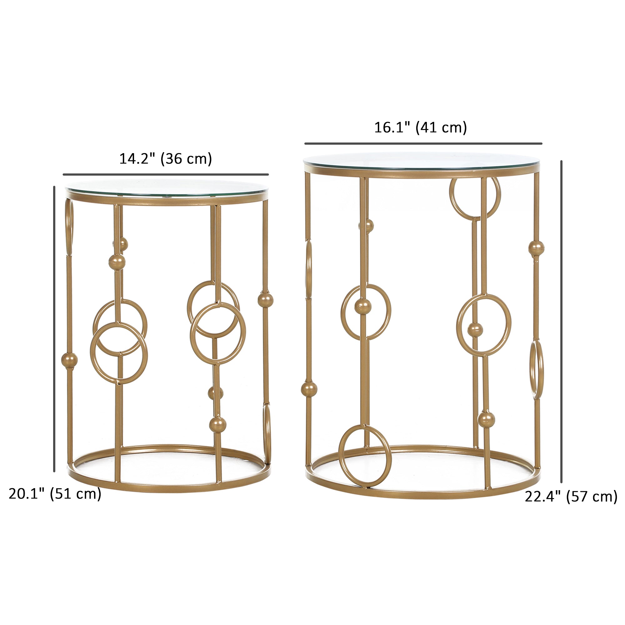 HOMCOM Round Coffee Tables Set of 2, Gold Nesting Side End Tables with Tempered Glass Top, Steel Frame for Living Room