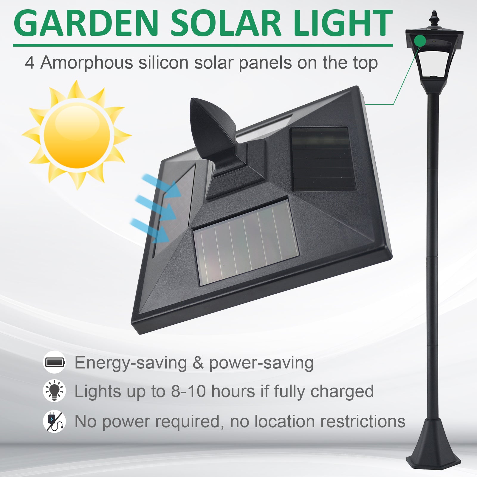 Outsunny Outdoor Garden Solar Post Lamp, Light Sensor Dimmable LED Lantern Bollard Pathway 63" Tall, Black