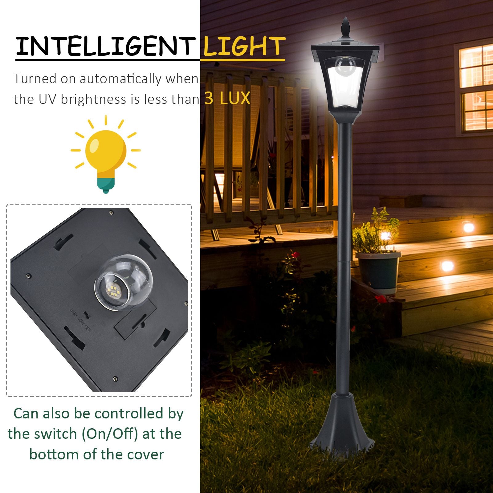 Outsunny Outdoor Garden Solar Post Lamp, Light Sensor Dimmable LED Lantern Bollard Pathway 63" Tall, Black