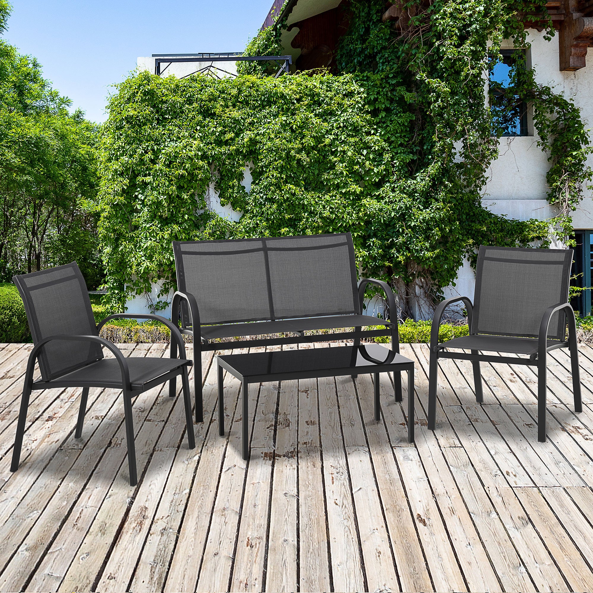 Outsunny 4-Piece Patio Furniture Set Garden Conversation Set with Loveseat, Single Chairs and Coffee Table for Backyard Poolside Balcony