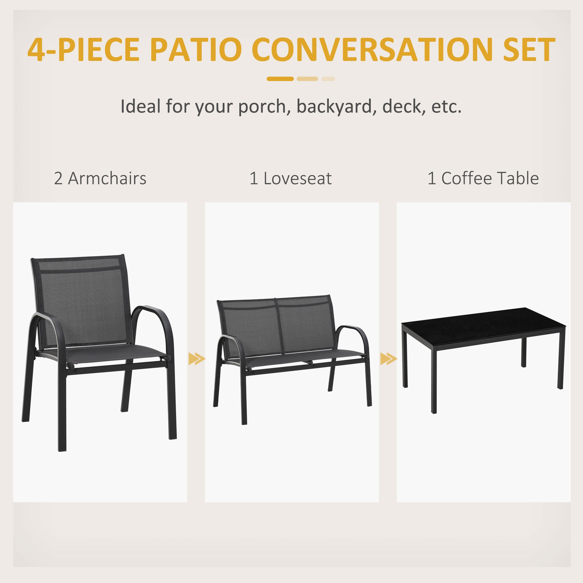 Outsunny 4-Piece Patio Furniture Set Garden Conversation Set with Loveseat, Single Chairs and Coffee Table for Backyard Poolside Balcony