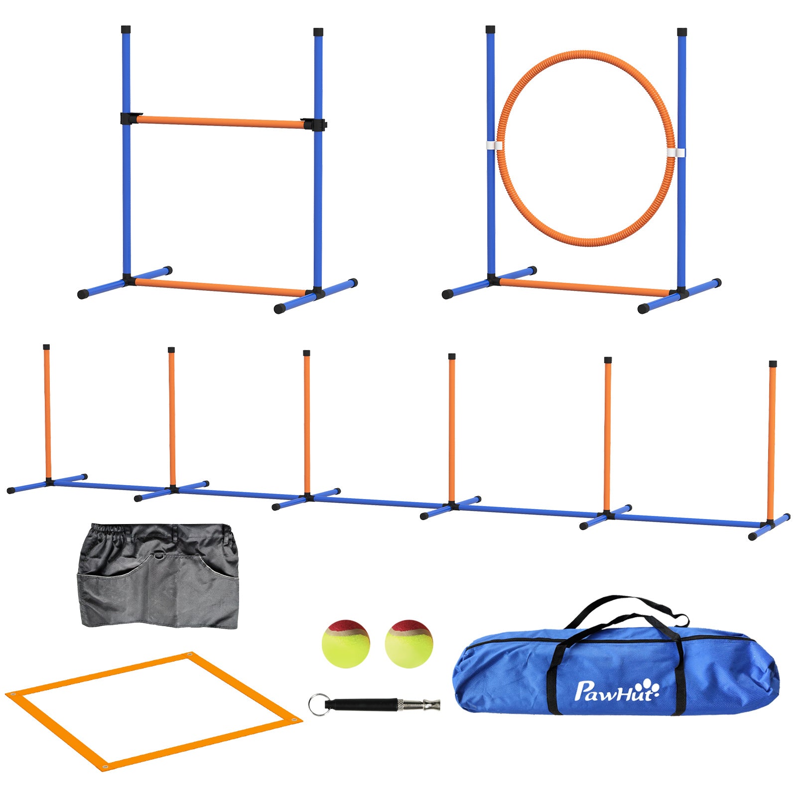 PawHut Dog Agility Equipment Set, 8 Piece Outdoor Agility Kit w/ Weave Poles, Adjustable High Jump Ring, Hurdle, Pause Box, Tennis Balls, Whistle, Training Shorts, Carrying Bag, for Dogs - Orange