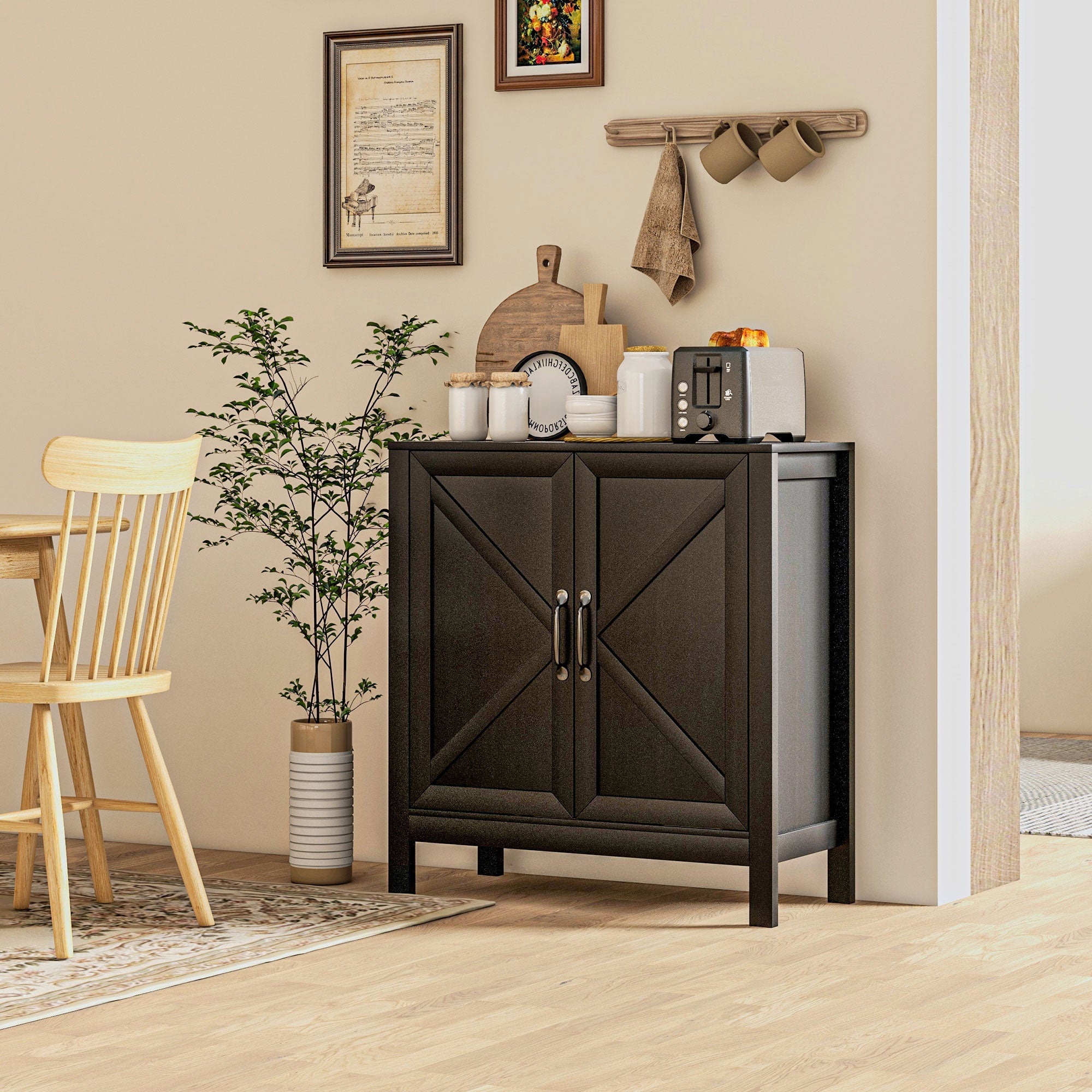 HOMCOM Kitchen Storage Cabinet, Sideboard Buffet Cabinet with 2 Barn Doors and Adjustable Shelves, Black Oak