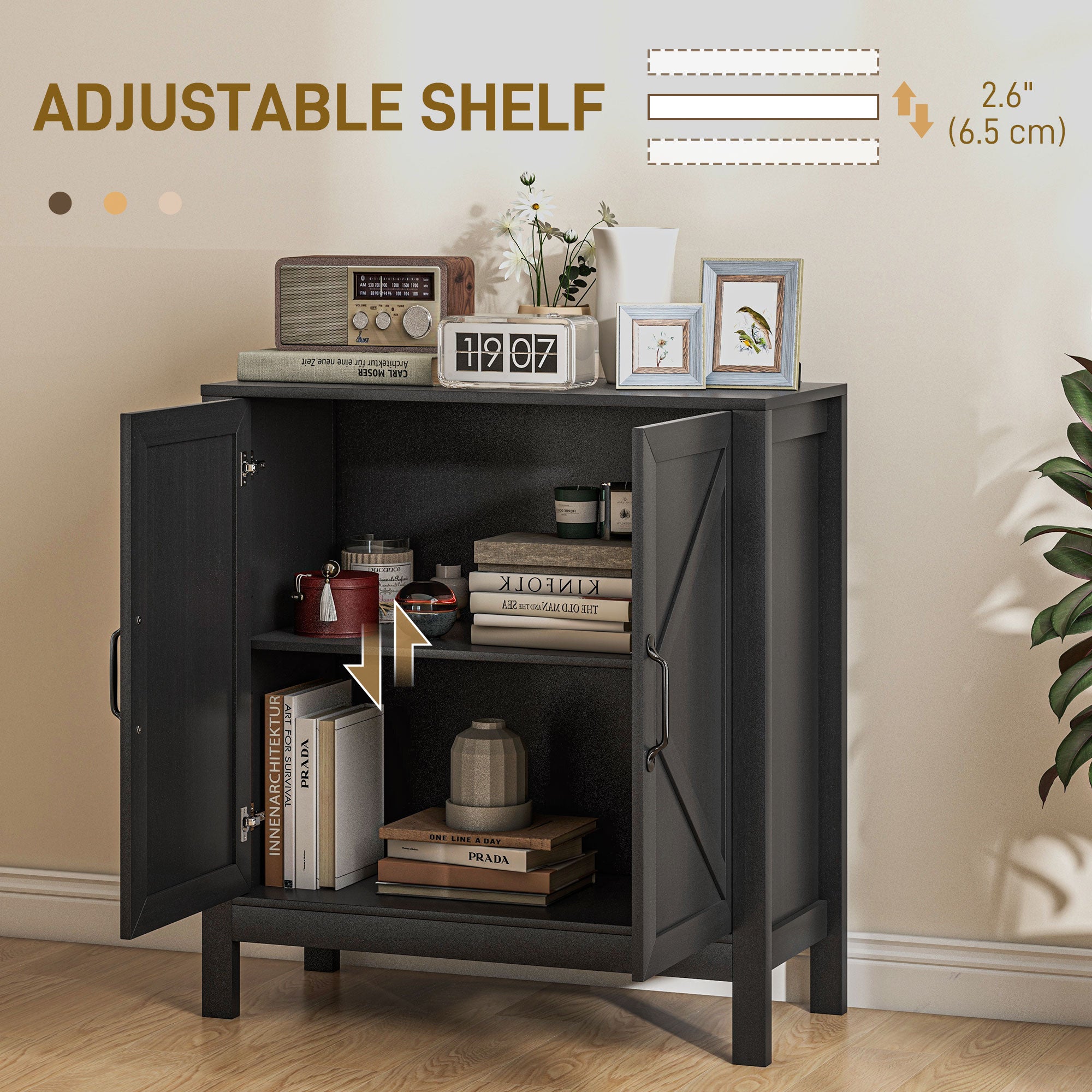 HOMCOM Kitchen Storage Cabinet, Sideboard Buffet Cabinet with 2 Barn Doors and Adjustable Shelves, Black Oak