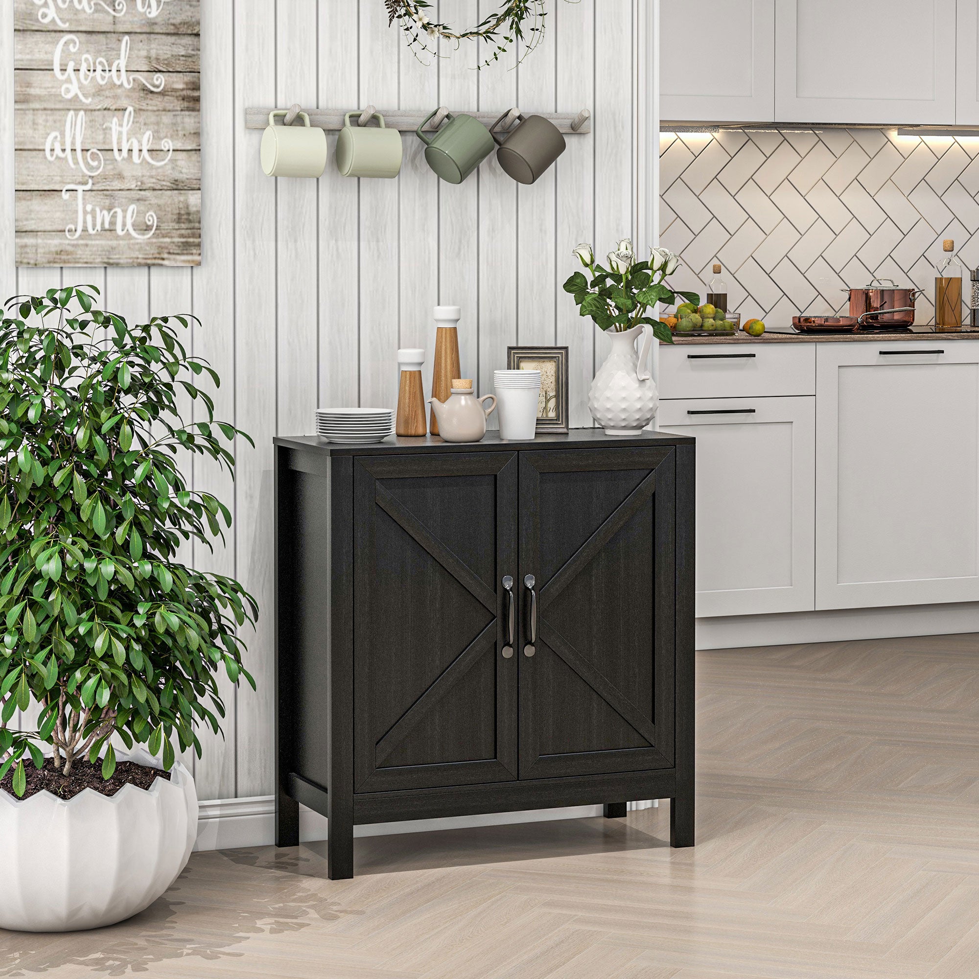 HOMCOM Kitchen Storage Cabinet, Sideboard Buffet Cabinet with 2 Barn Doors and Adjustable Shelves, Black Oak