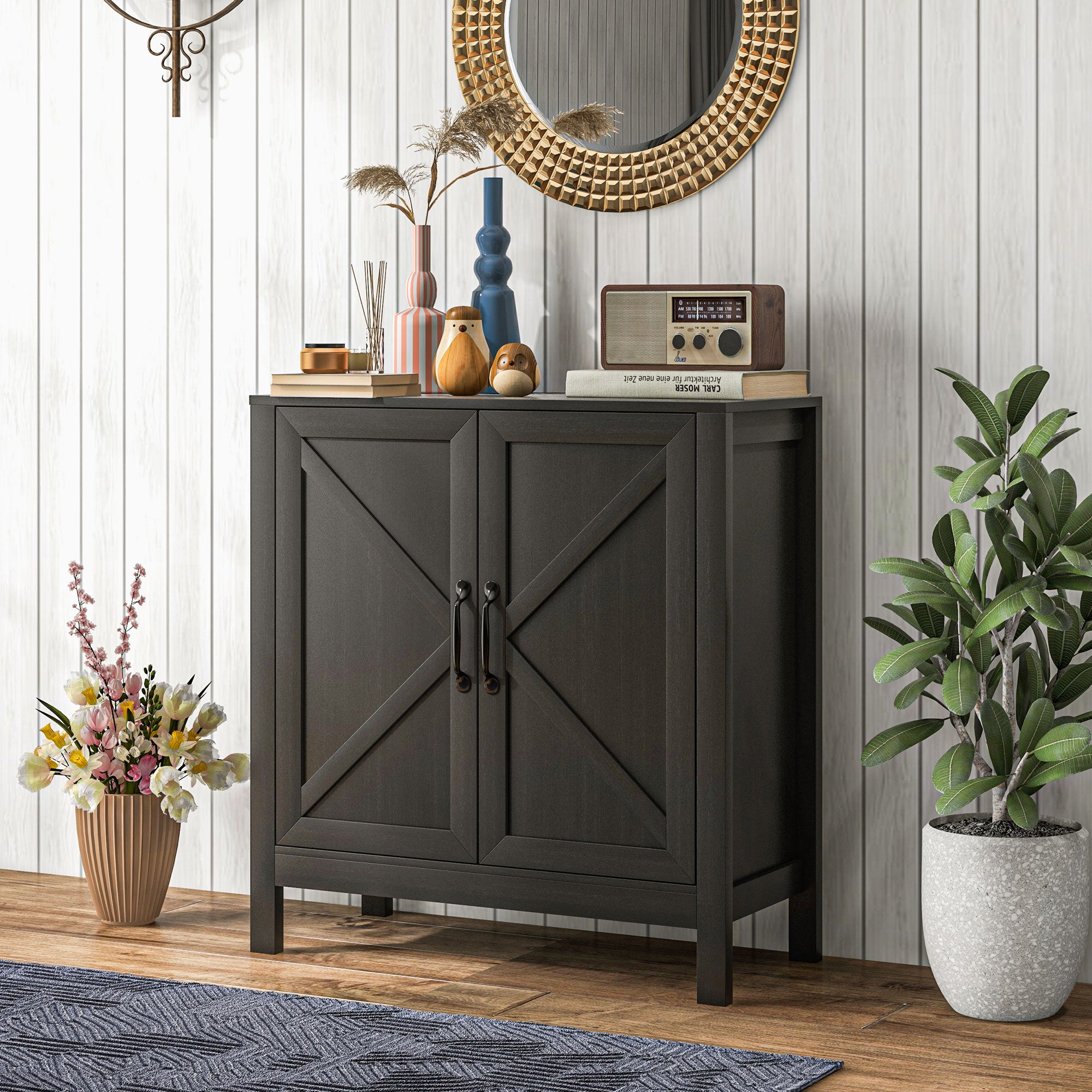 HOMCOM Kitchen Storage Cabinet, Sideboard Buffet Cabinet with 2 Barn Doors and Adjustable Shelves, Black Oak