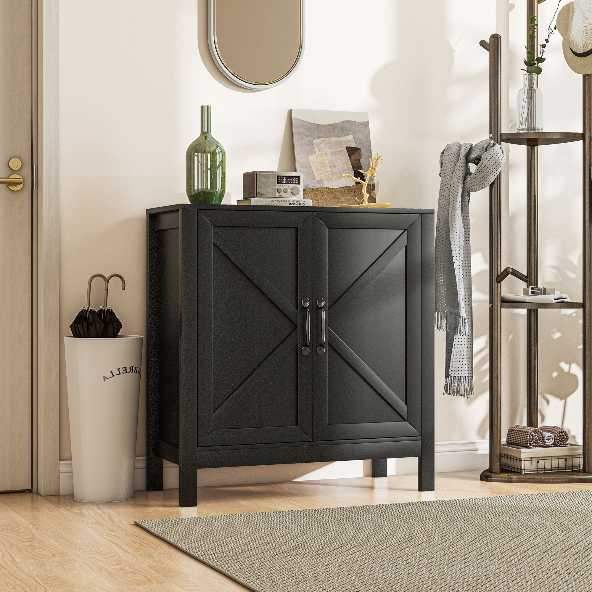 HOMCOM Kitchen Storage Cabinet, Sideboard Buffet Cabinet with 2 Barn Doors and Adjustable Shelves, Black Oak