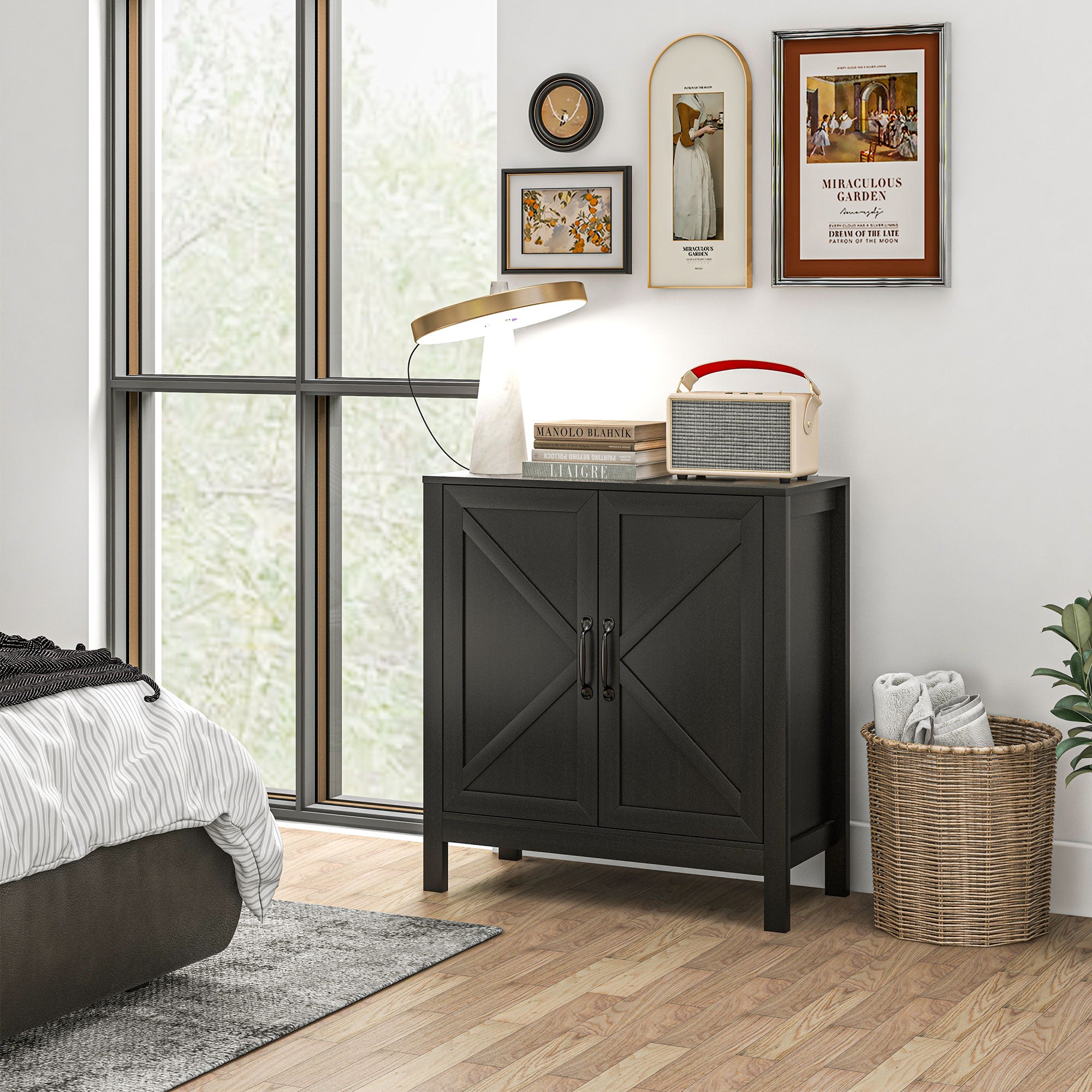 HOMCOM Kitchen Storage Cabinet, Sideboard Buffet Cabinet with 2 Barn Doors and Adjustable Shelves, Black Oak