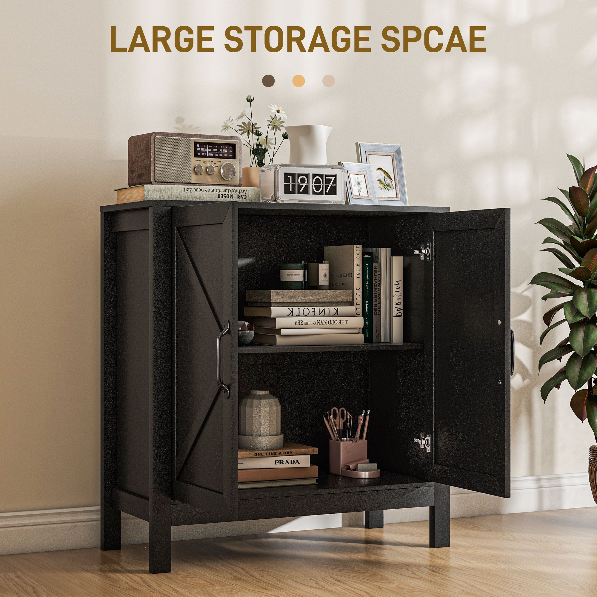 HOMCOM Kitchen Storage Cabinet, Sideboard Buffet Cabinet with 2 Barn Doors and Adjustable Shelves, Black Oak