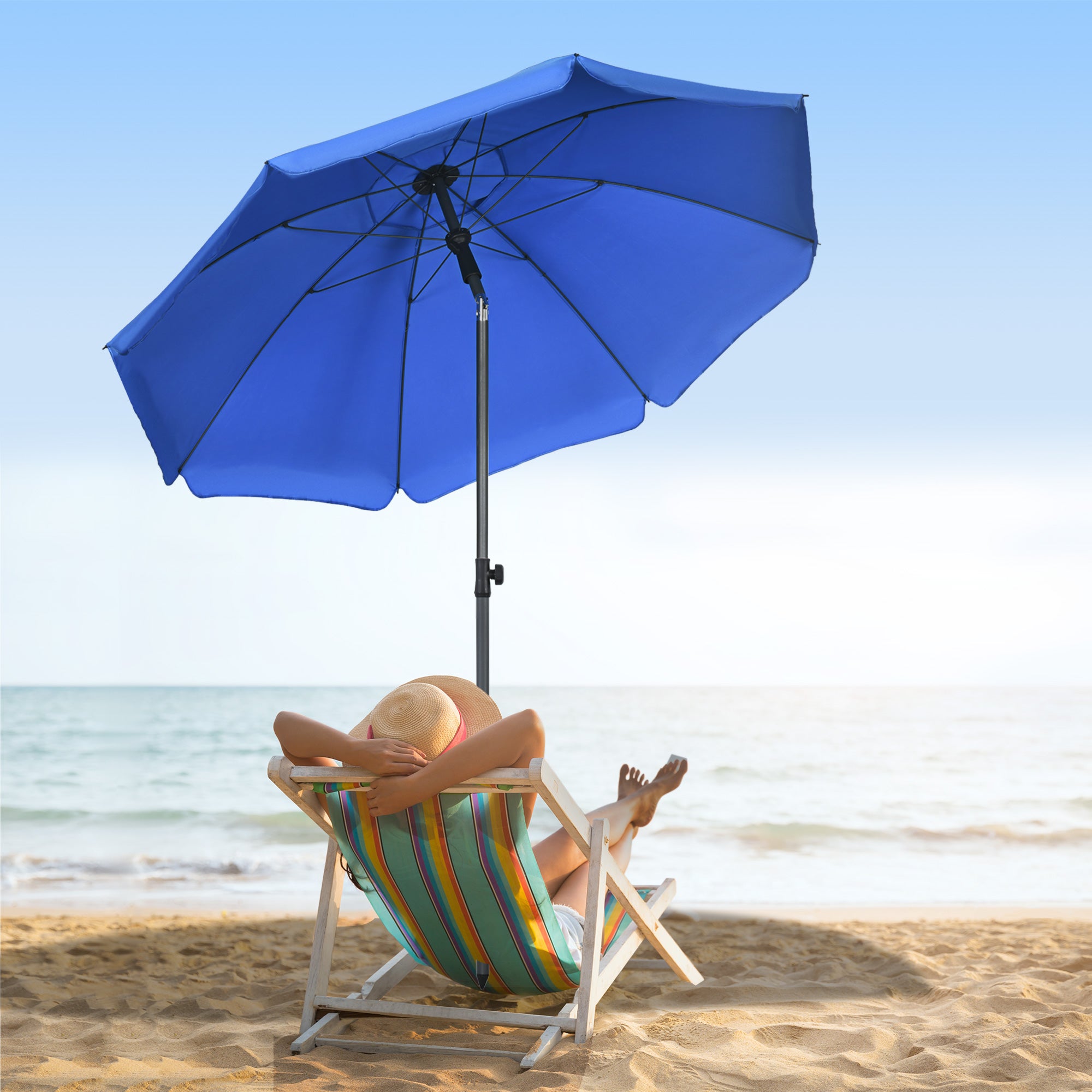 Outsunny 6ft Beach Umbrella with Push Button Tilt, Ruffled Outdoor Umbrella with UV50+ Vented Canopy, Blue
