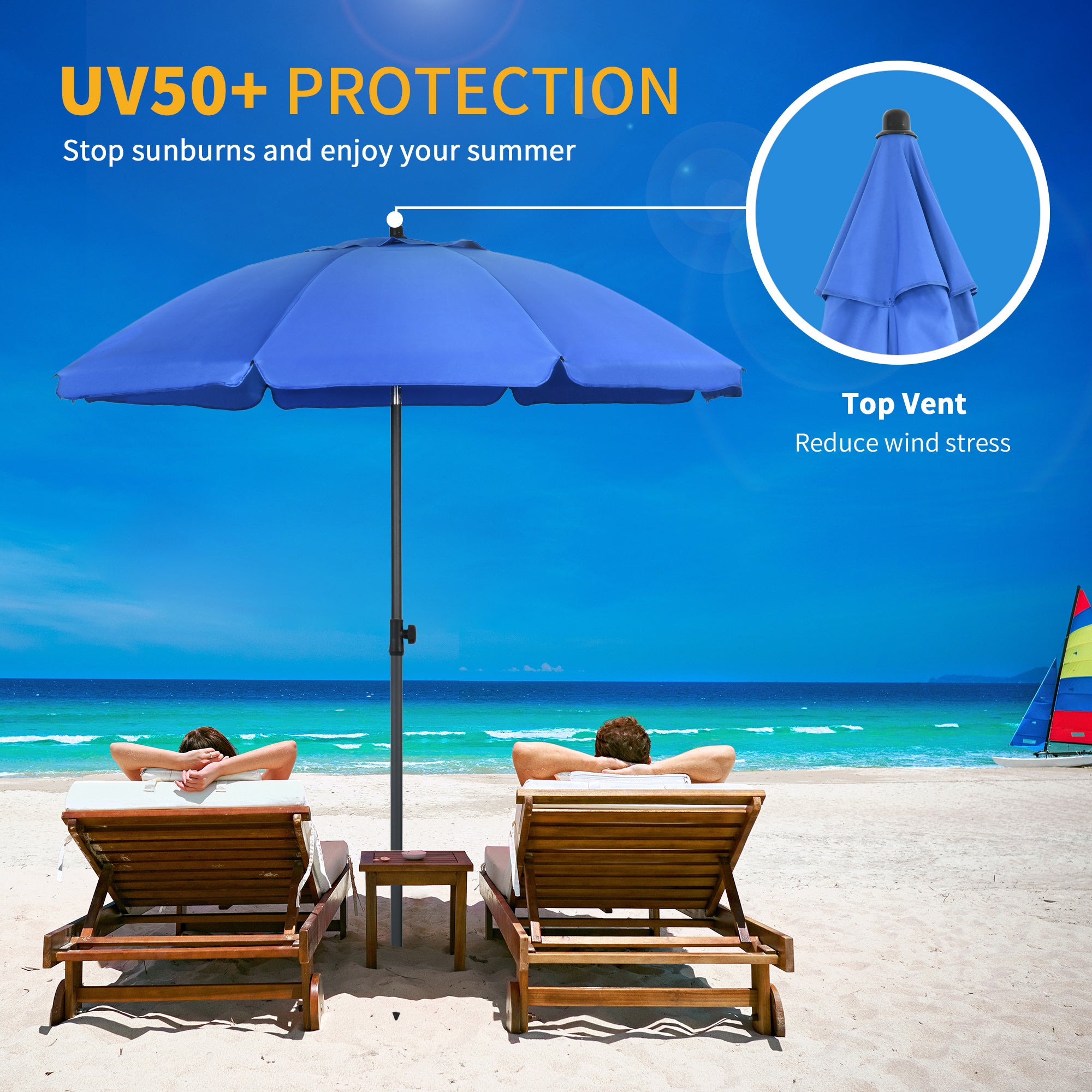 Outsunny 6ft Beach Umbrella with Push Button Tilt, Ruffled Outdoor Umbrella with UV50+ Vented Canopy, Blue