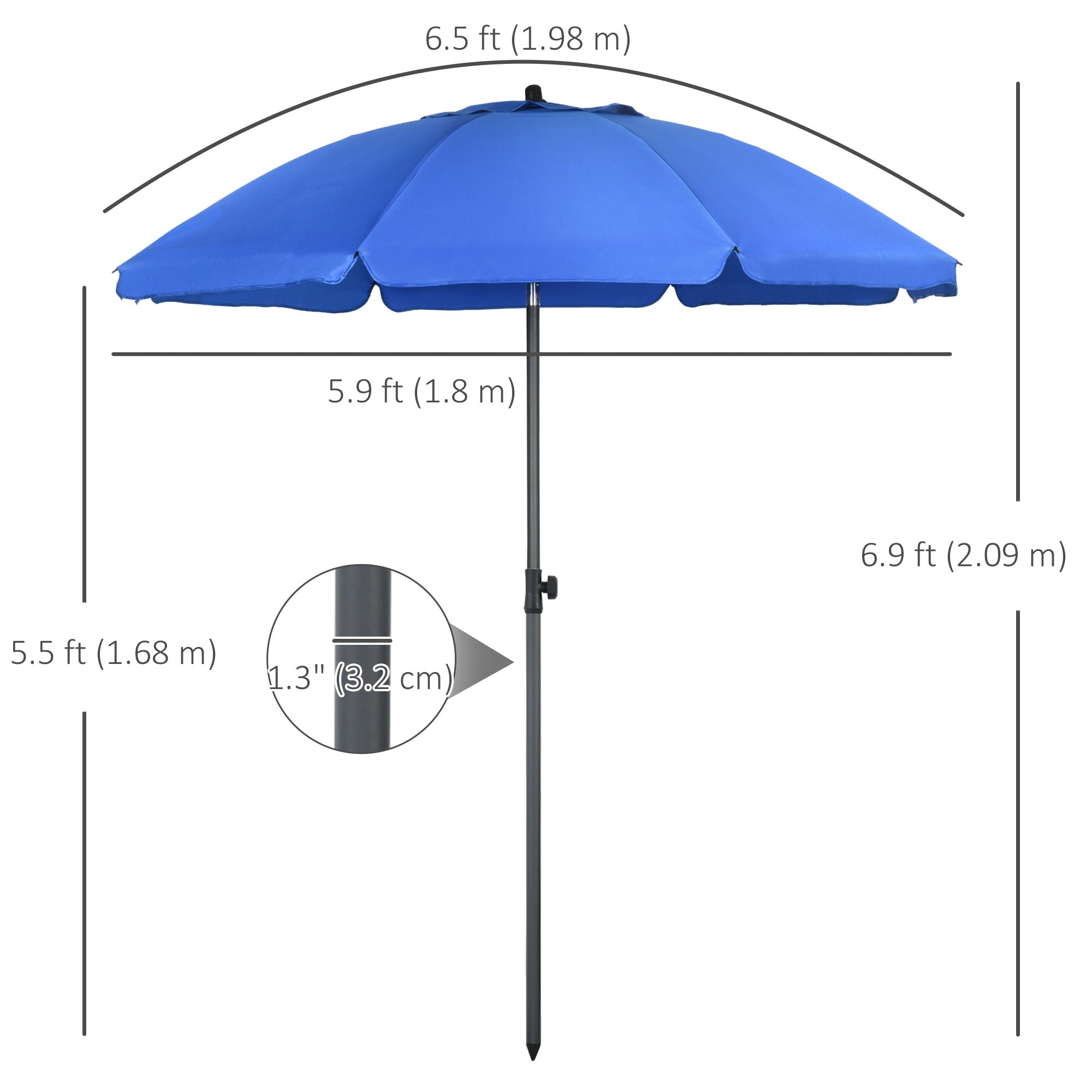Outsunny 6ft Beach Umbrella with Push Button Tilt, Ruffled Outdoor Umbrella with UV50+ Vented Canopy, Blue