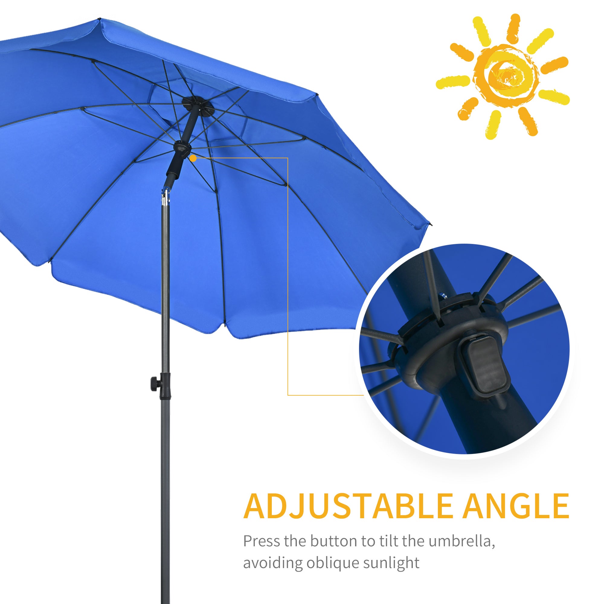 Outsunny 6ft Beach Umbrella with Push Button Tilt, Ruffled Outdoor Umbrella with UV50+ Vented Canopy, Blue