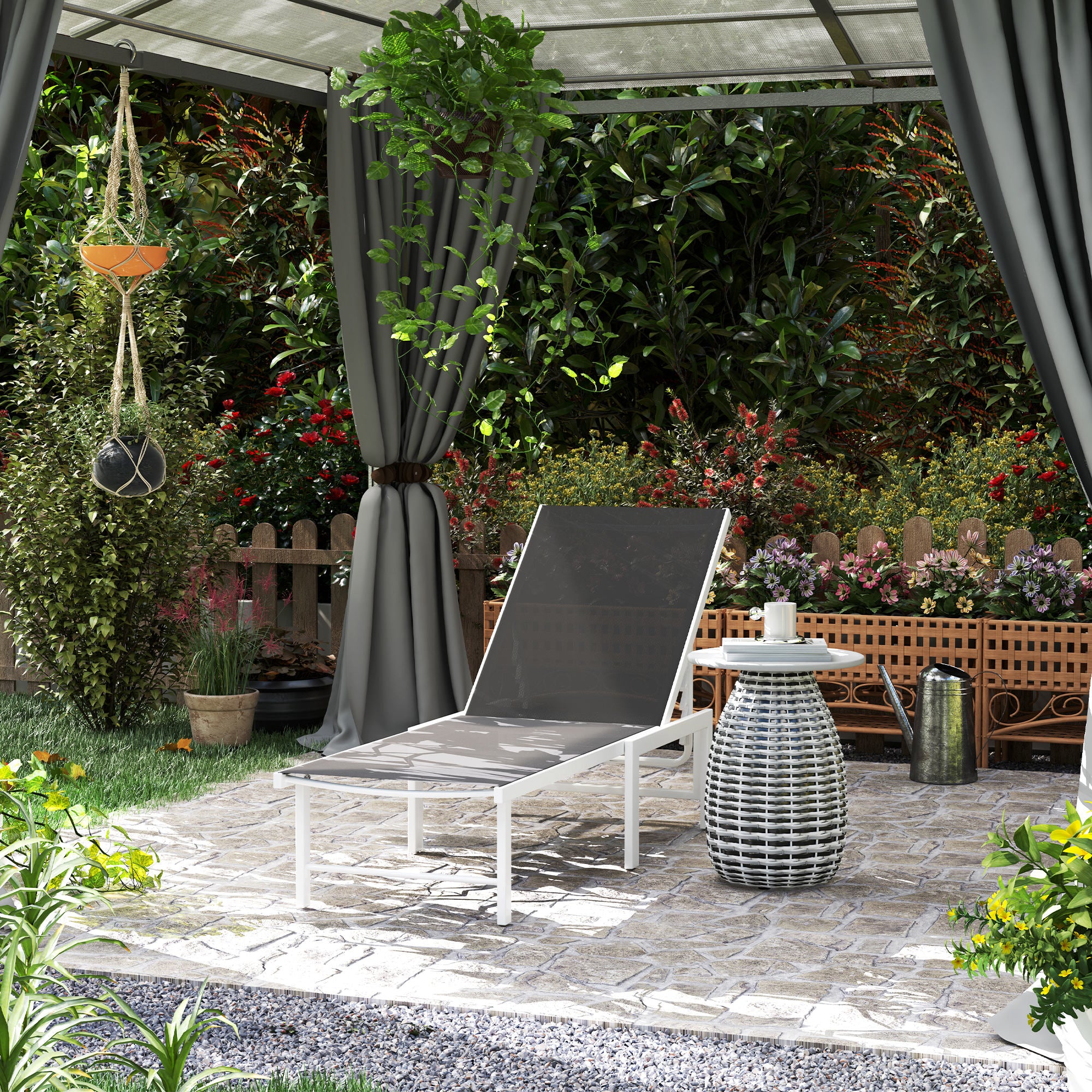 Outsunny Outdoor Lounge Chair, 5-Level Adjustable Outdoor Chaise Lounge Chair, Breathable Mesh Patio Sun Tanning Chair with Steel Frame for Backyard, Beach, Poolside, Grey