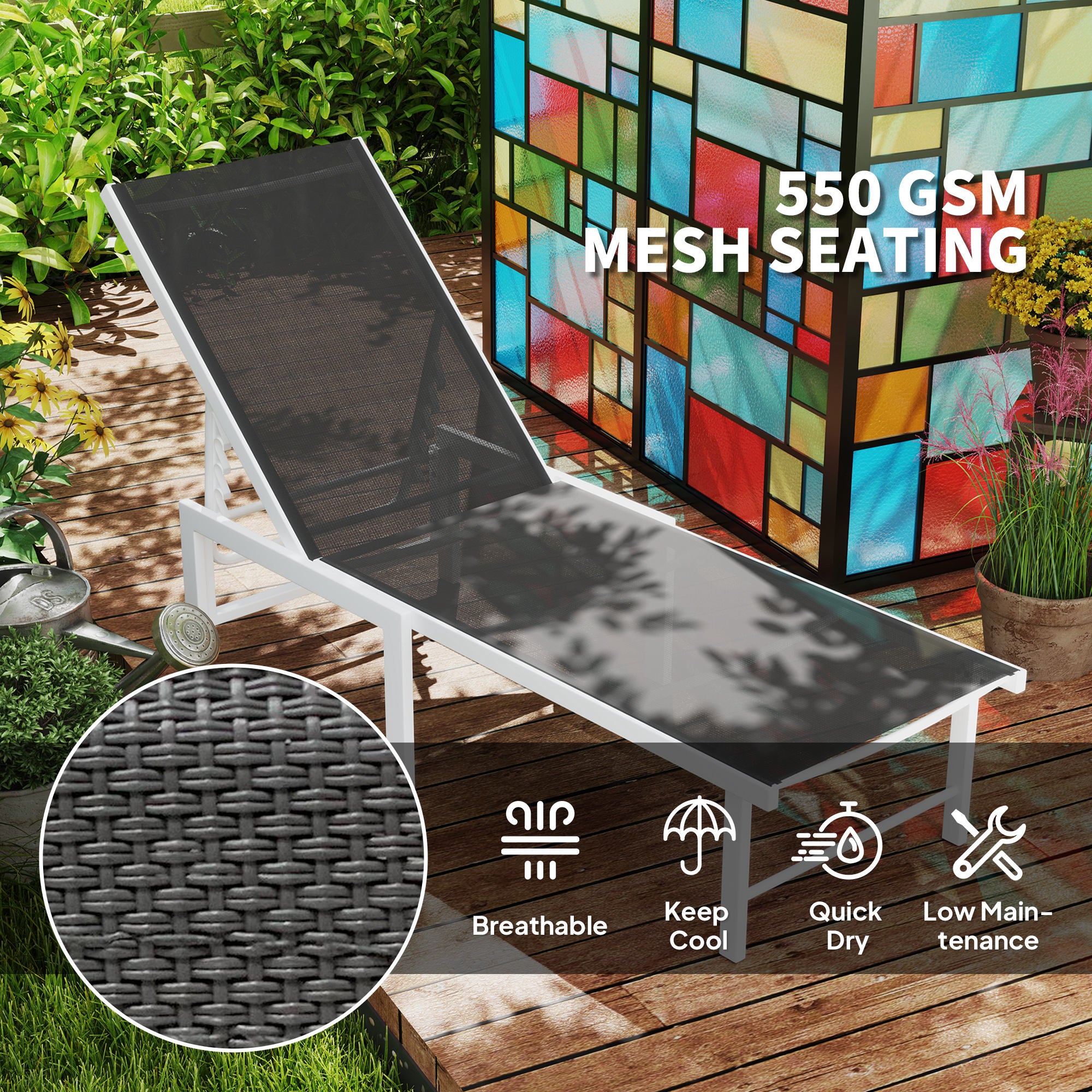 Outsunny Outdoor Lounge Chair, 5-Level Adjustable Outdoor Chaise Lounge Chair, Breathable Mesh Patio Sun Tanning Chair with Steel Frame for Backyard, Beach, Poolside, Grey