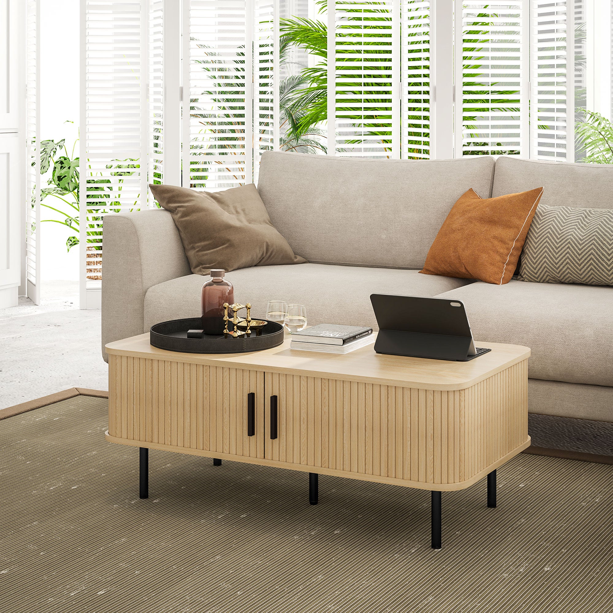 HOMCOM Coffee Table with Storage, Nordic Side Table with Slatted Tambour Sliding Doors and Steel Legs for Living Room, Home Office Furniture, Oak