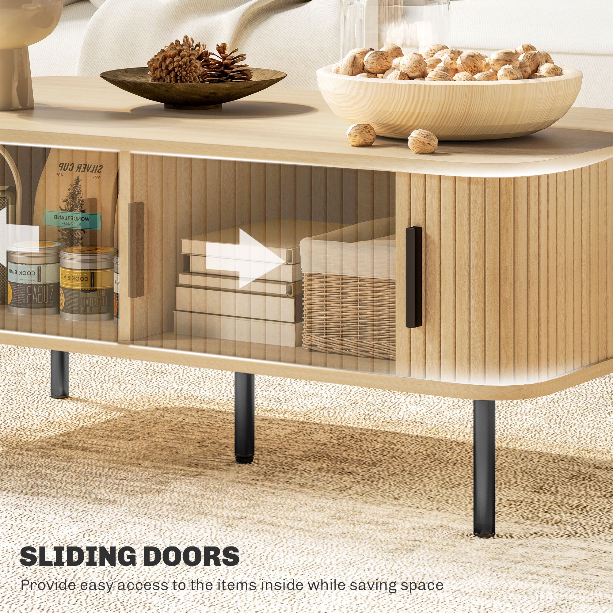 HOMCOM Coffee Table with Storage, Nordic Side Table with Slatted Tambour Sliding Doors and Steel Legs for Living Room, Home Office Furniture, Oak