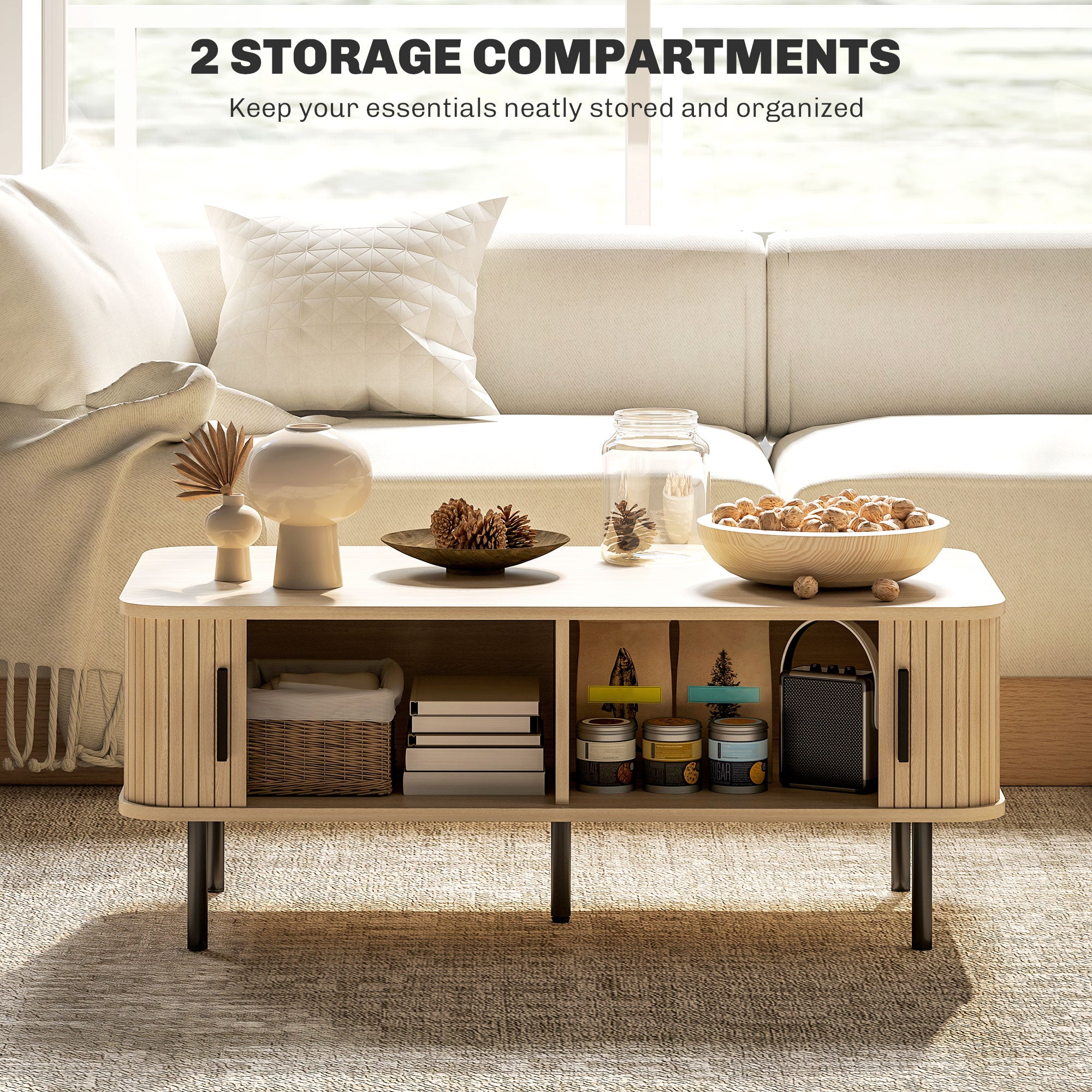 HOMCOM Coffee Table with Storage, Nordic Side Table with Slatted Tambour Sliding Doors and Steel Legs for Living Room, Home Office Furniture, Oak