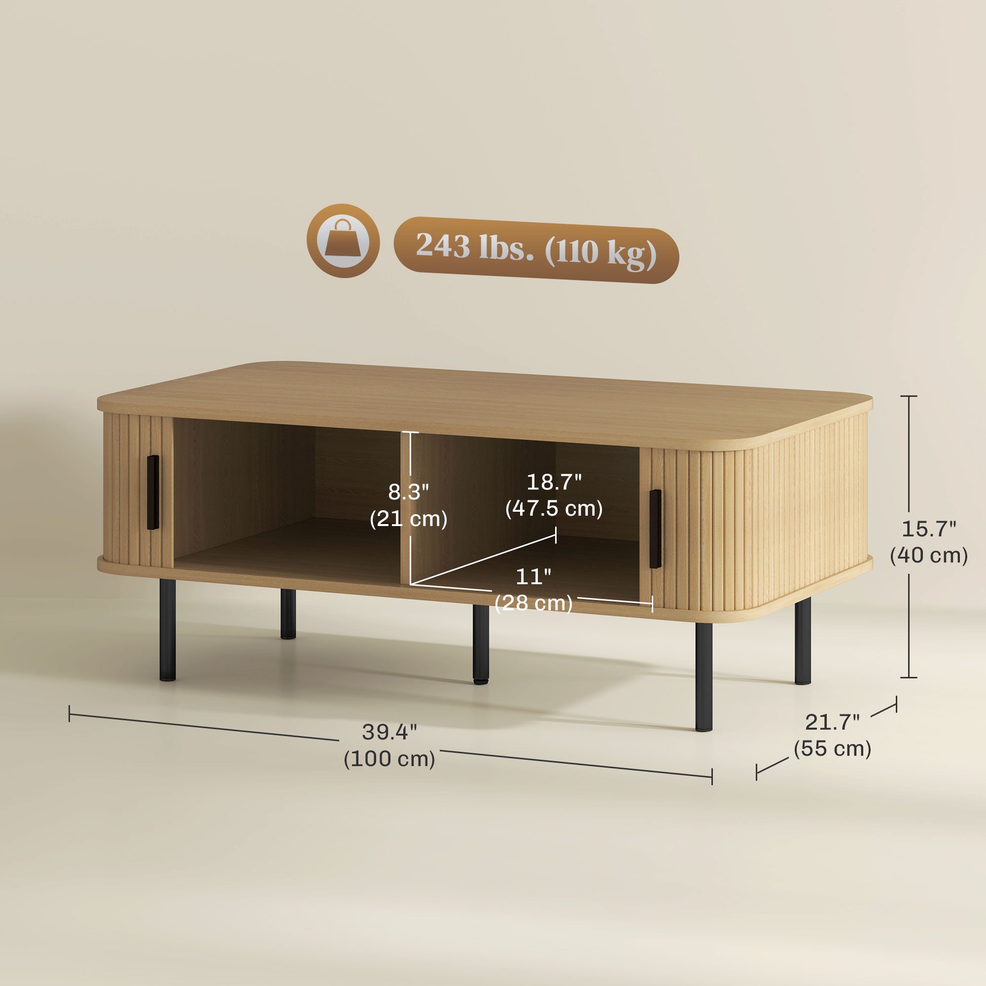 HOMCOM Coffee Table with Storage, Nordic Side Table with Slatted Tambour Sliding Doors and Steel Legs for Living Room, Home Office Furniture, Oak
