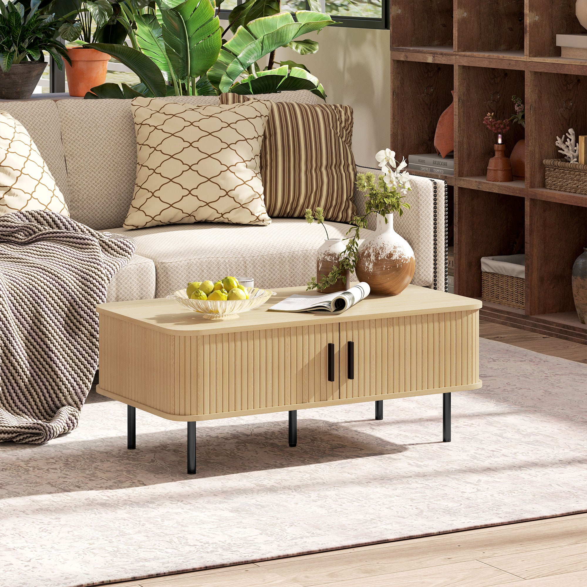 HOMCOM Coffee Table with Storage, Nordic Side Table with Slatted Tambour Sliding Doors and Steel Legs for Living Room, Home Office Furniture, Oak