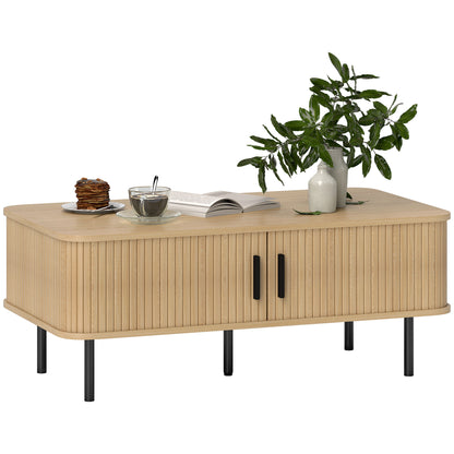 HOMCOM Coffee Table with Storage, Nordic Side Table with Slatted Tambour Sliding Doors and Steel Legs for Living Room, Home Office Furniture, Oak
