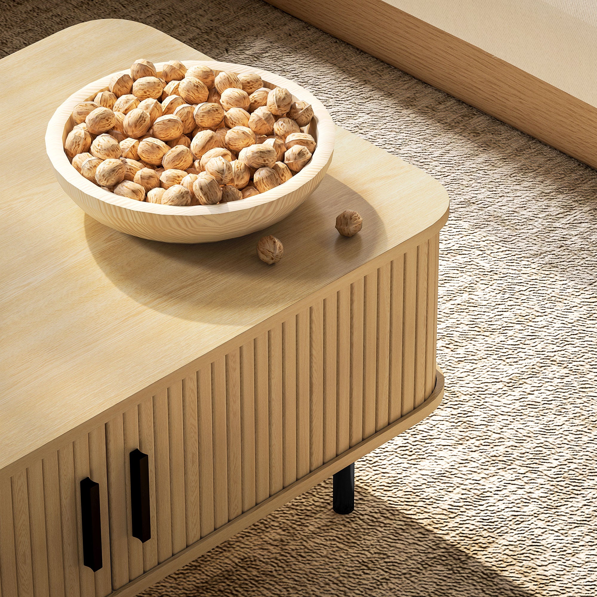 HOMCOM Coffee Table with Storage, Nordic Side Table with Slatted Tambour Sliding Doors and Steel Legs for Living Room, Home Office Furniture, Oak