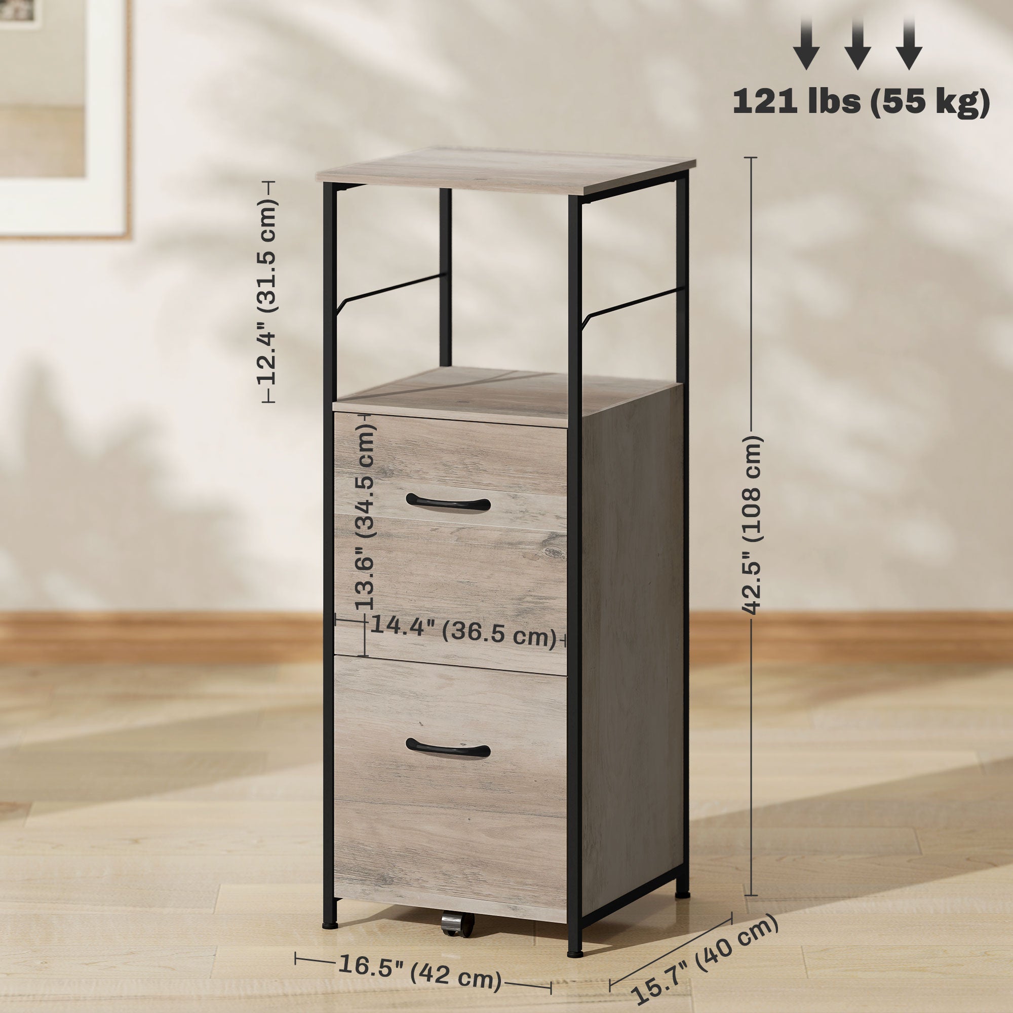 Vinsetto Vertical Filing Cabinet, 42.5" Tall File Cabinet with 2 Drawers, Open Shelf, Hanging Bars for Letter and A4 Size, Industrial Printer Stand for Home Office, Distressed Grey