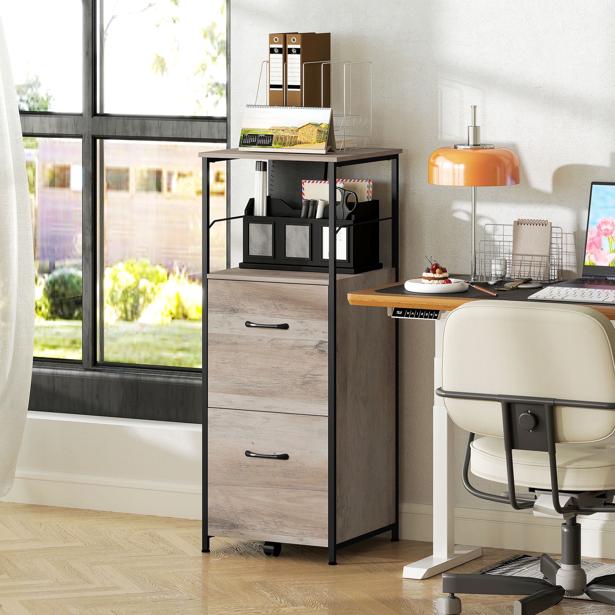 Vinsetto Vertical Filing Cabinet, 42.5" Tall File Cabinet with 2 Drawers, Open Shelf, Hanging Bars for Letter and A4 Size, Industrial Printer Stand for Home Office, Distressed Grey