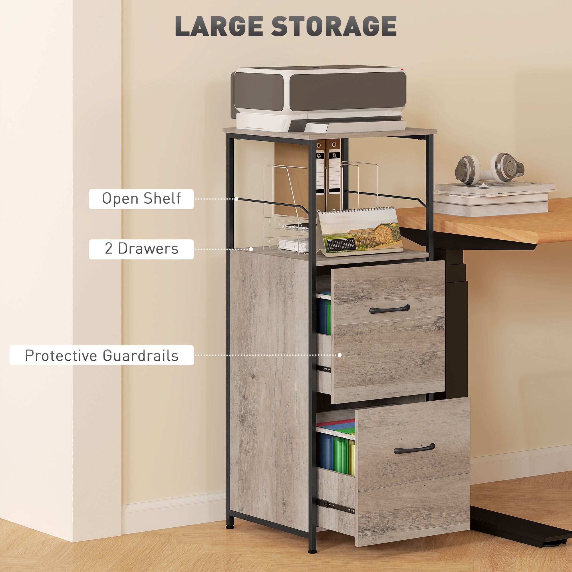 Vinsetto Vertical Filing Cabinet, 42.5" Tall File Cabinet with 2 Drawers, Open Shelf, Hanging Bars for Letter and A4 Size, Industrial Printer Stand for Home Office, Distressed Grey