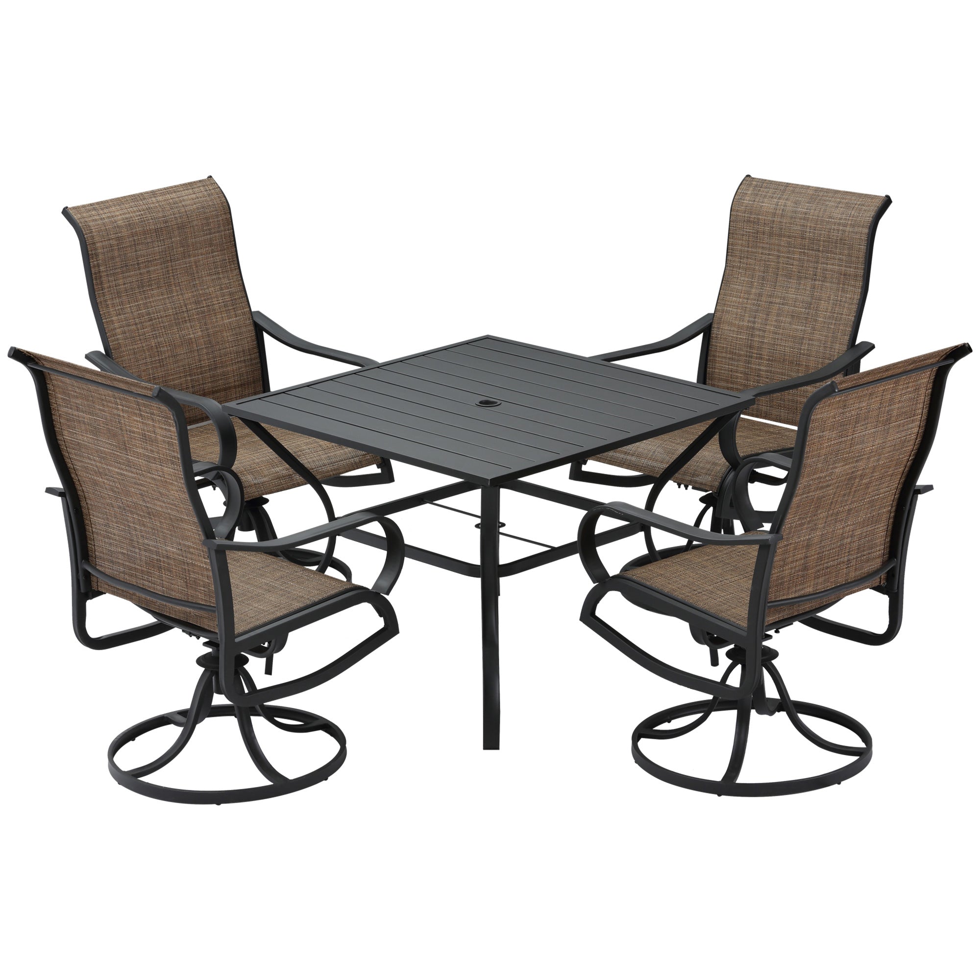 Outsunny 5-Piece Outdoor Patio Dining Set, 4 Swivel Rocker Chairs and 37" x 37" Dining Table Furniture Set with Umbrella Hole for Garden, Lawn and Backyard, Black