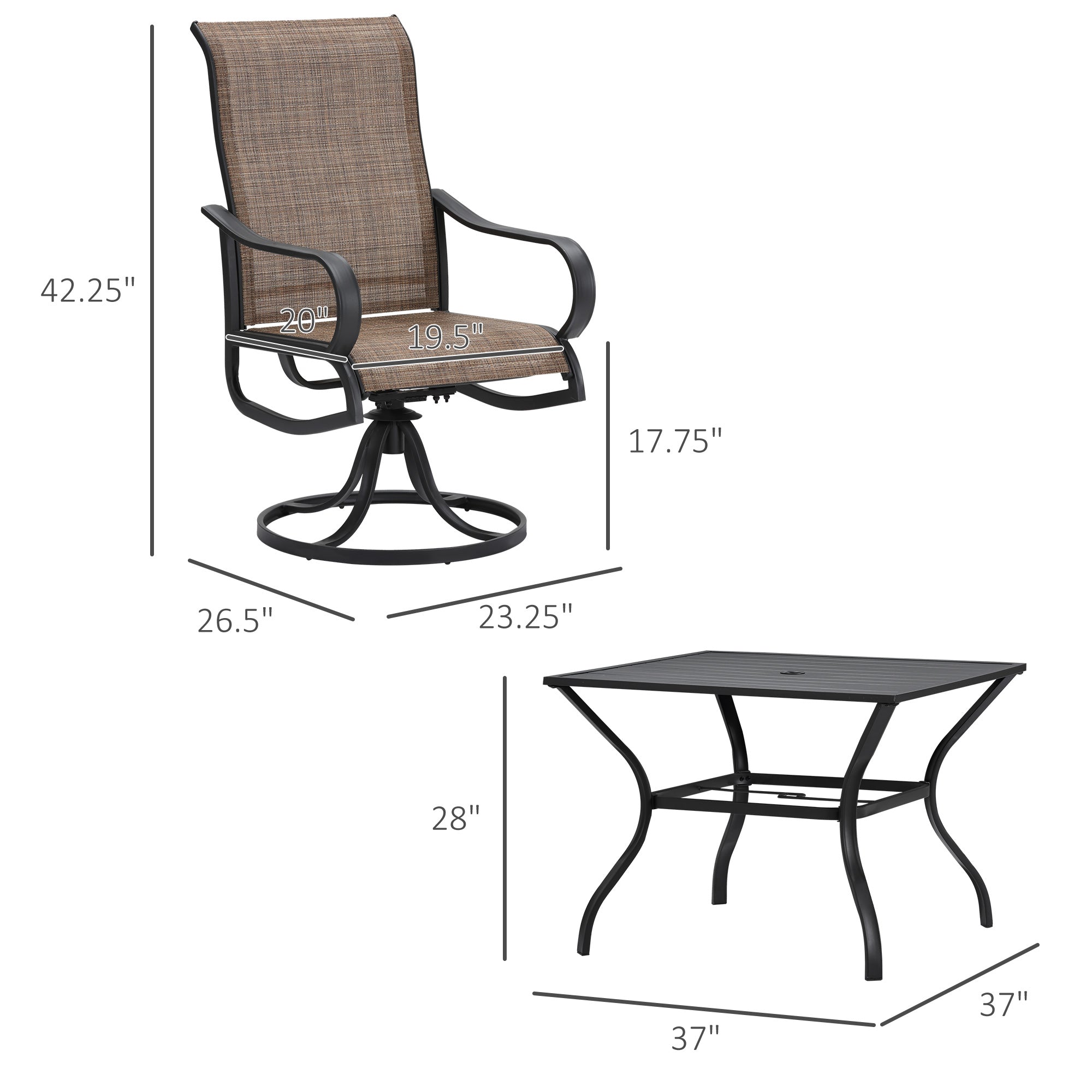 Outsunny 5-Piece Outdoor Patio Dining Set, 4 Swivel Rocker Chairs and 37" x 37" Dining Table Furniture Set with Umbrella Hole for Garden, Lawn and Backyard, Black
