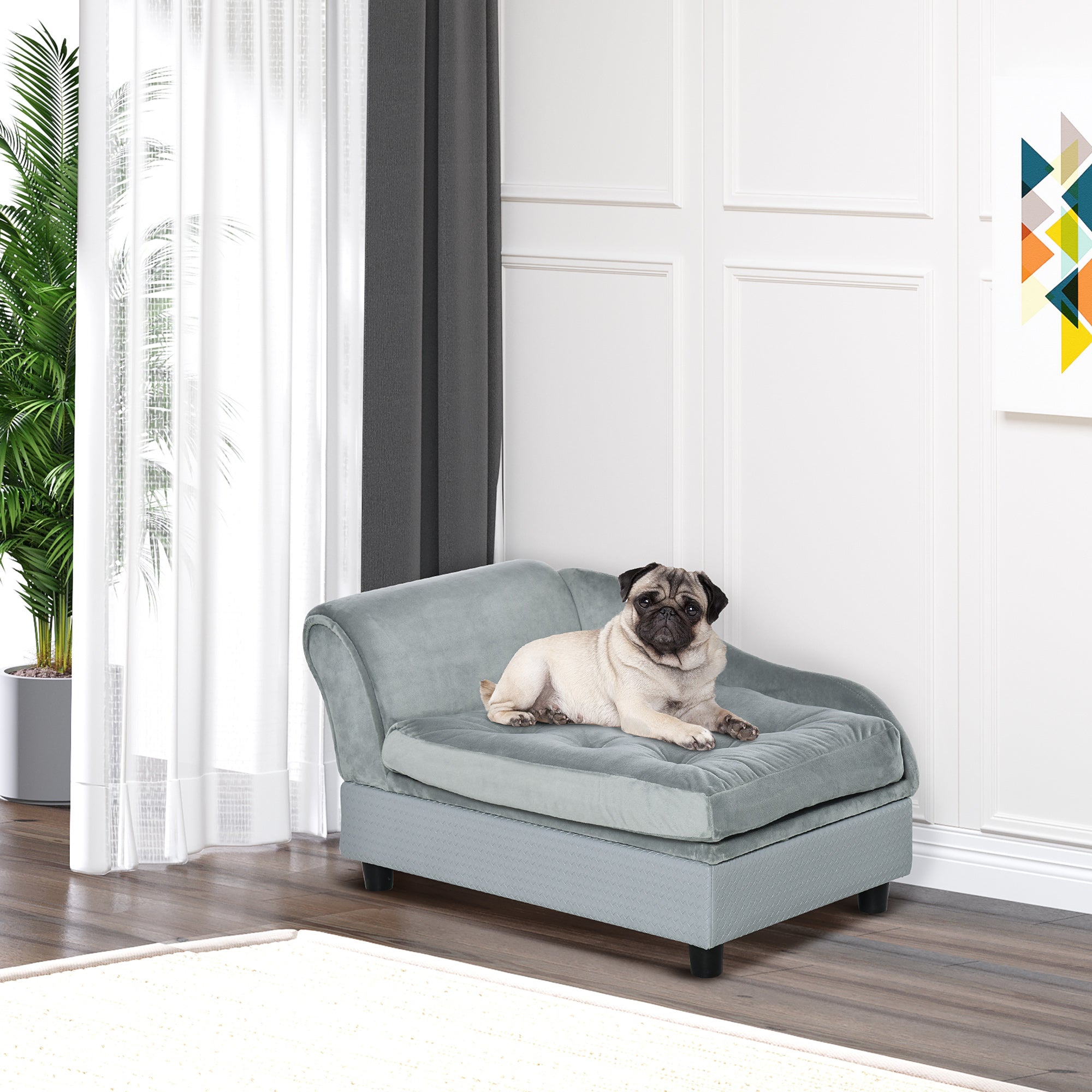 PawHut Dog Sofa Pet Chair Cat Couch with Storage, Soft Cushion, 76 x 45 x 43cm - Light Grey