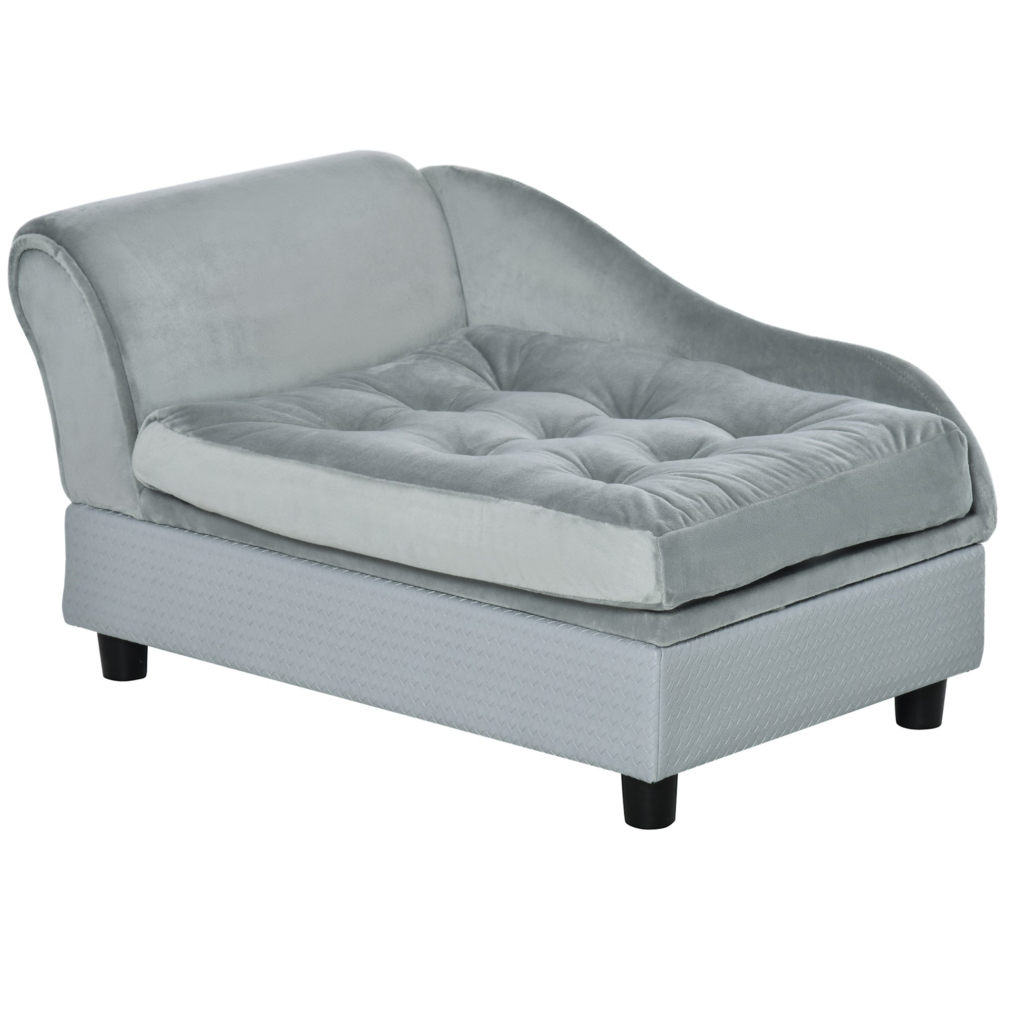 PawHut Dog Sofa Pet Chair Cat Couch with Storage, Soft Cushion, 76 x 45 x 43cm - Light Grey