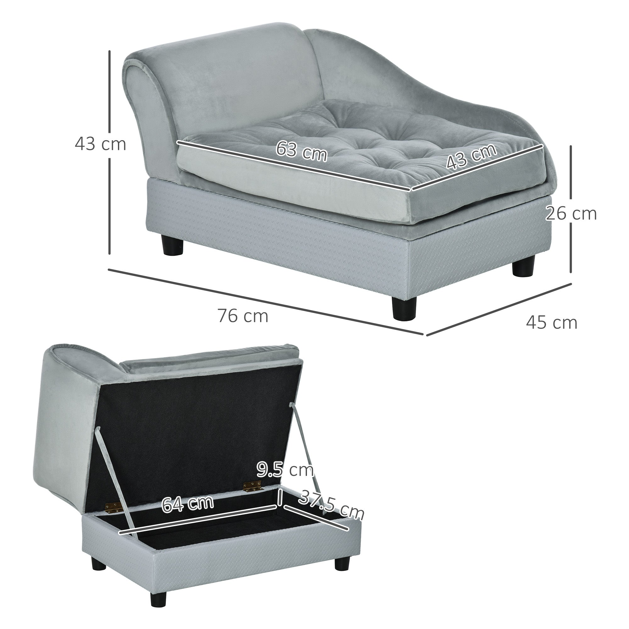 PawHut Dog Sofa Pet Chair Cat Couch with Storage, Soft Cushion, 76 x 45 x 43cm - Light Grey