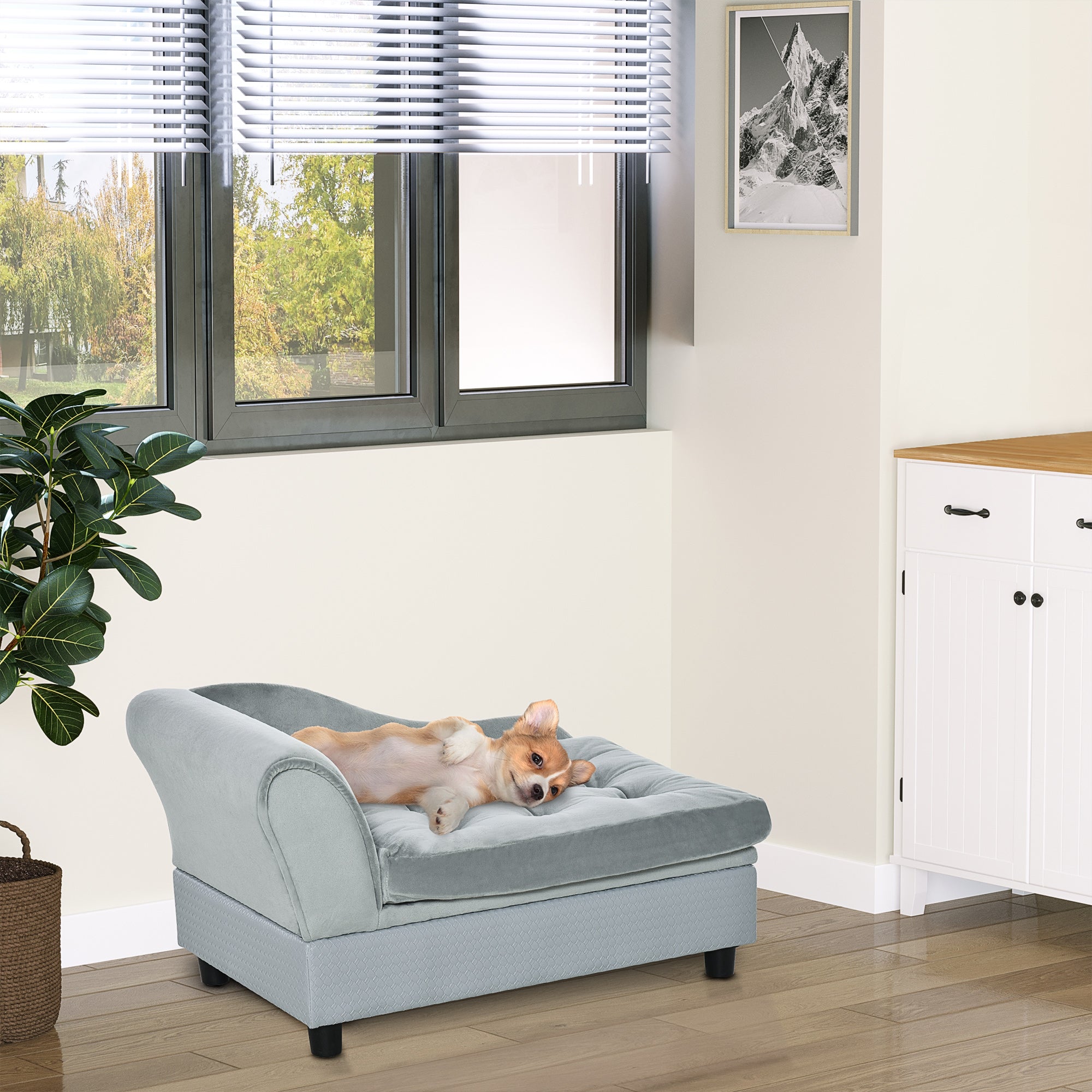 PawHut Dog Sofa Pet Chair Cat Couch with Storage, Soft Cushion, 76 x 45 x 43cm - Light Grey