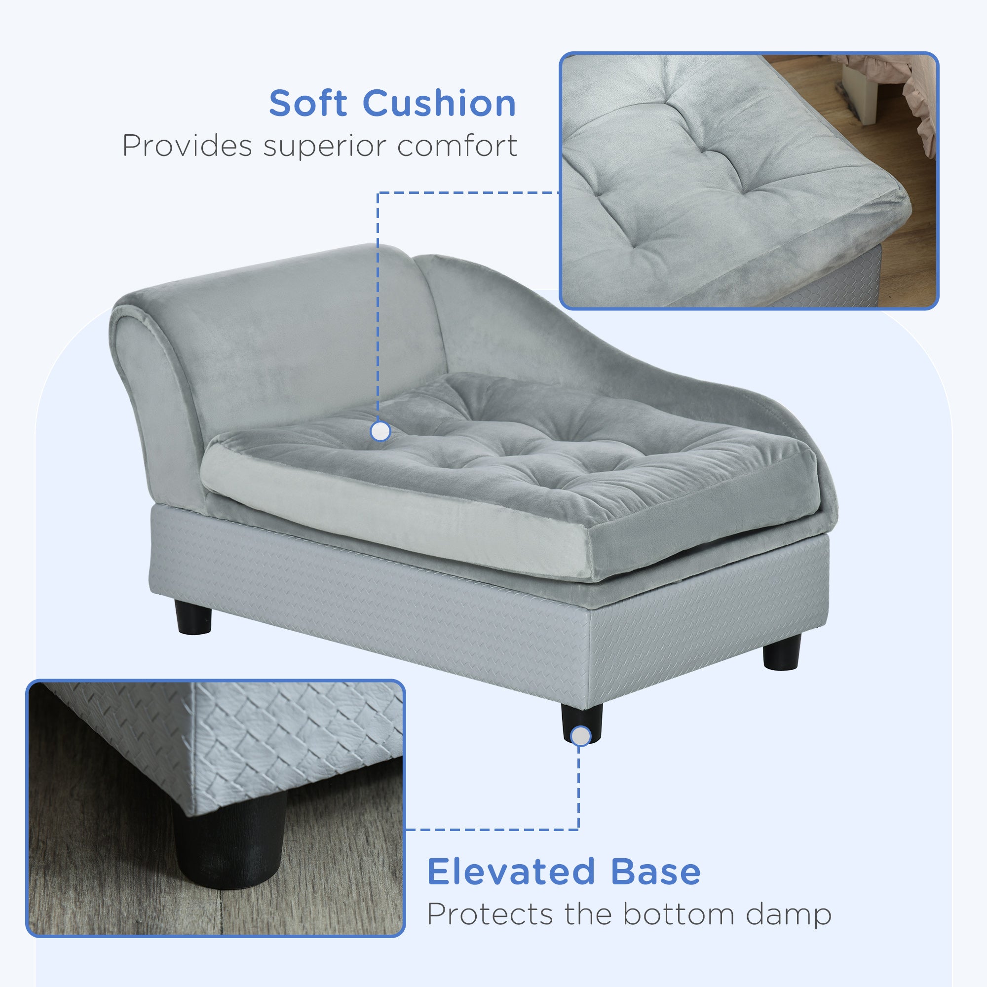 PawHut Dog Sofa Pet Chair Cat Couch with Storage, Soft Cushion, 76 x 45 x 43cm - Light Grey
